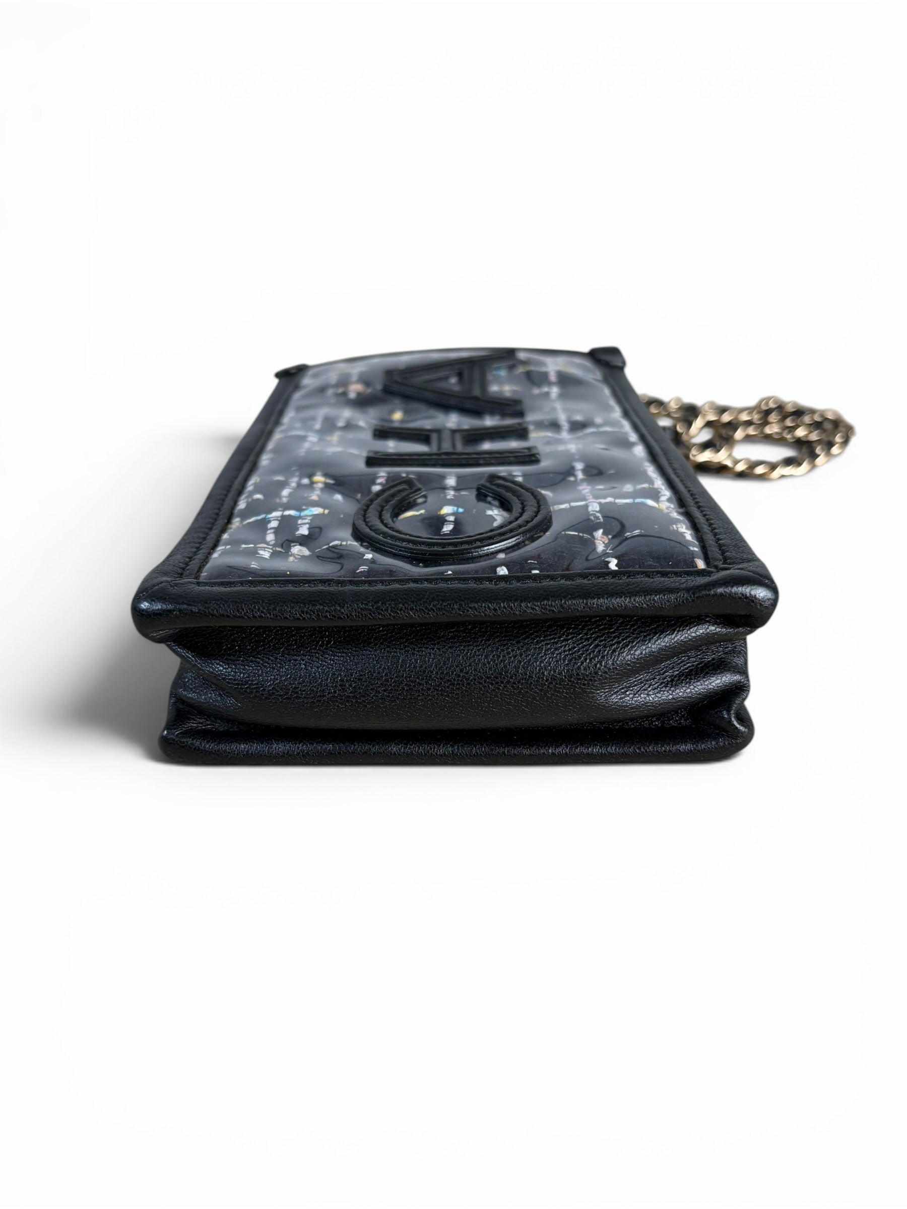 Chanel Black Tweed PVC Clutch On Chain