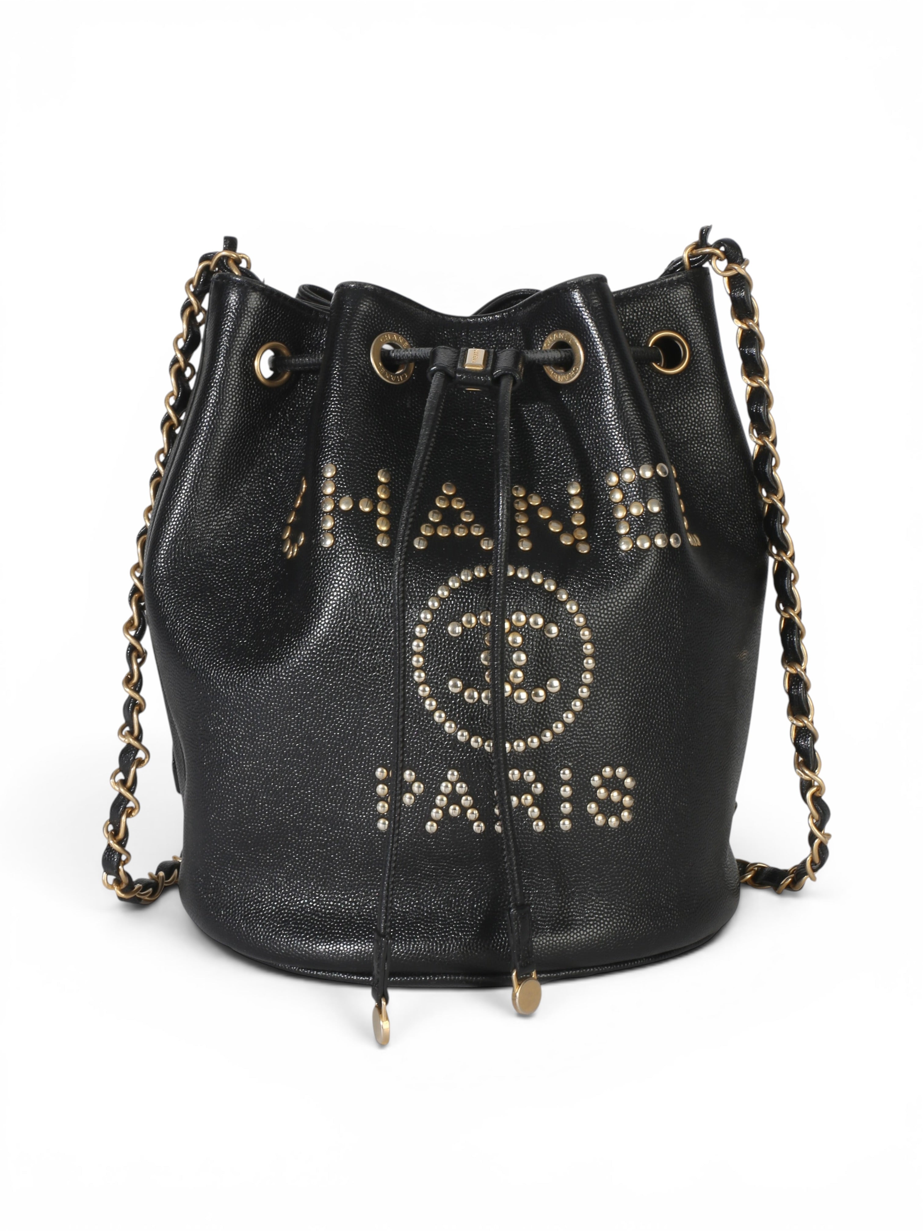 Chanel Black Caviar Studded Deauville Bucket Bag
