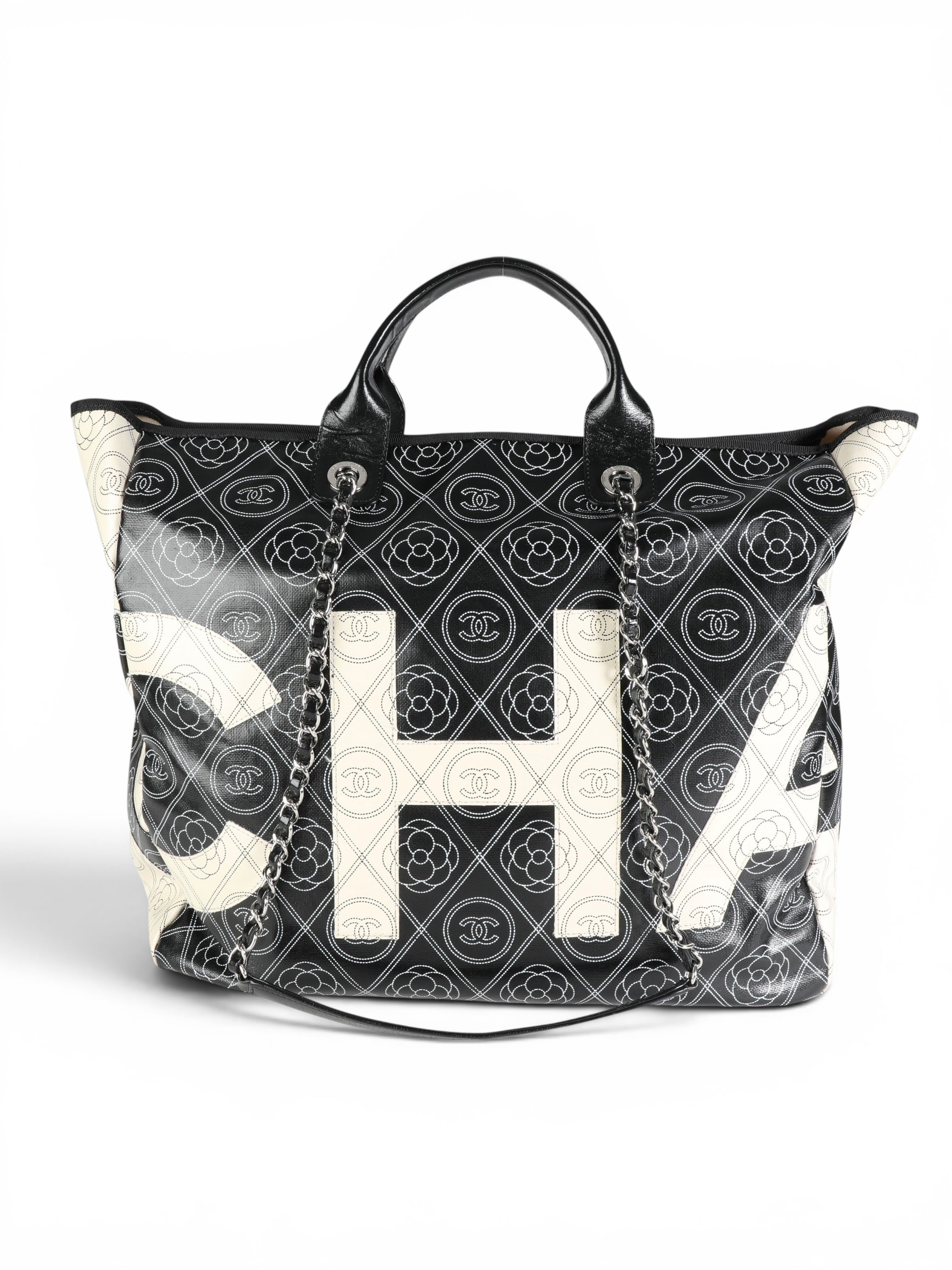 Chanel Black & Ivory Camellia Print Shopper Tote