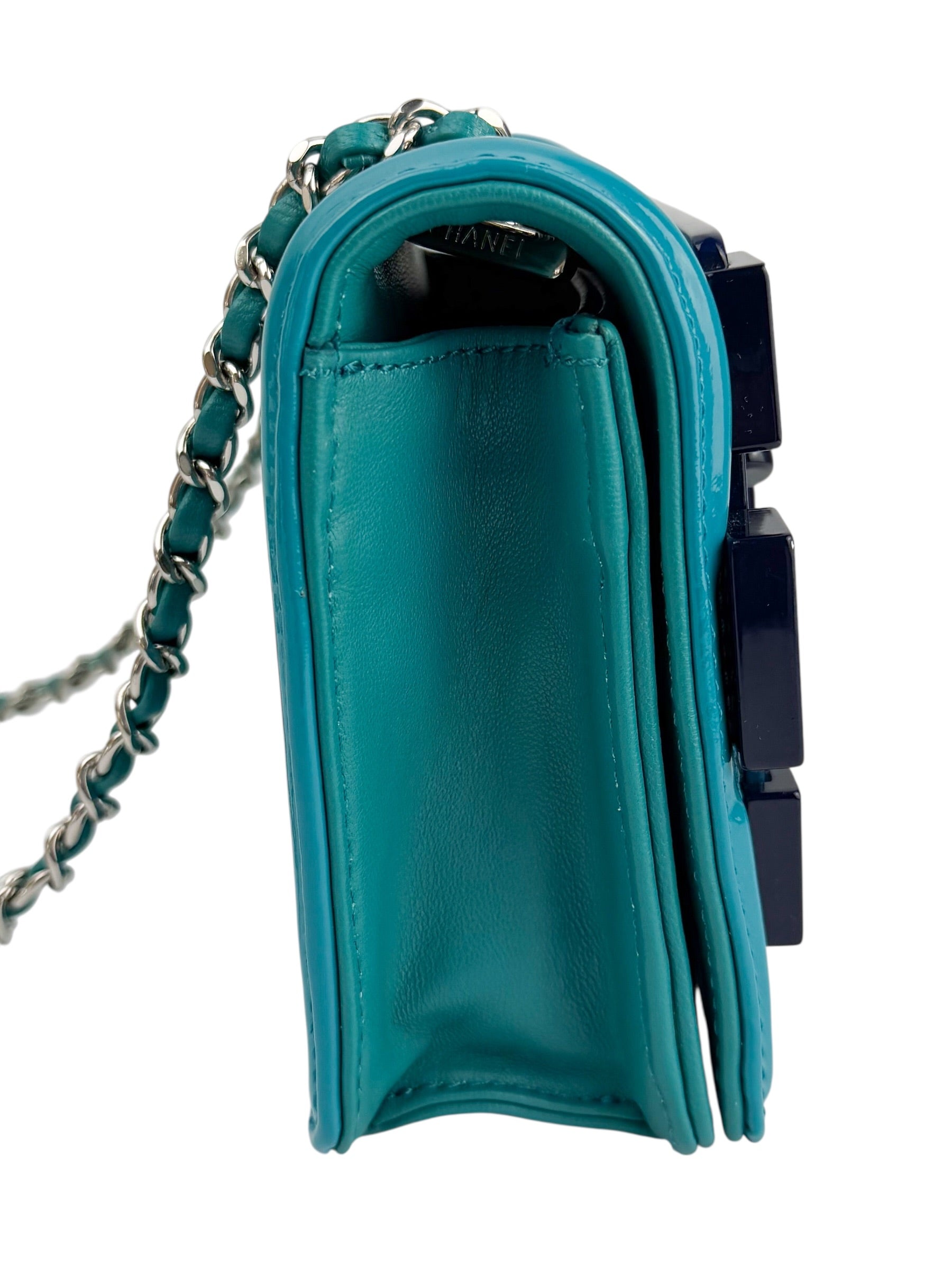 Chanel Turquoise Plexiglass and Patent Lego Boy Brick Flap