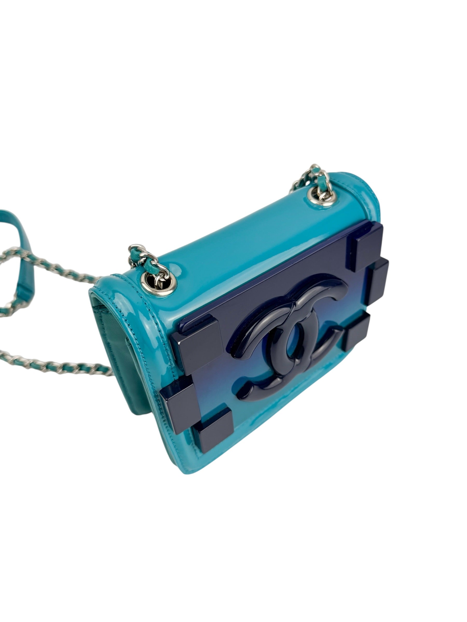 Chanel Turquoise Plexiglass and Patent Lego Boy Brick Flap