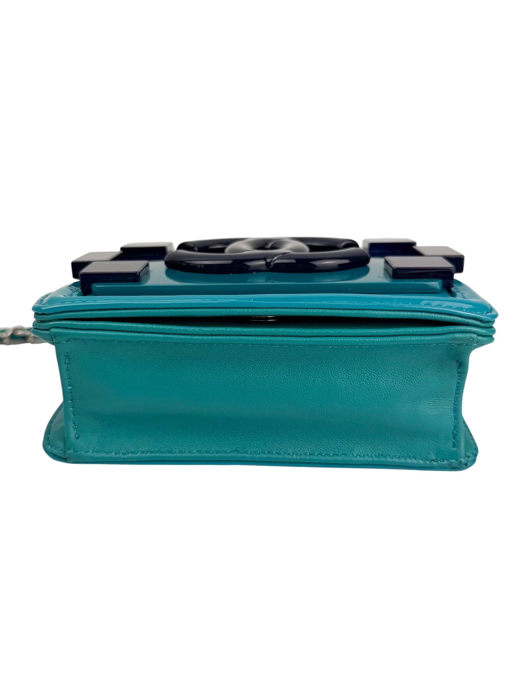 Chanel Turquoise Plexiglass and Patent Lego Boy Brick Flap