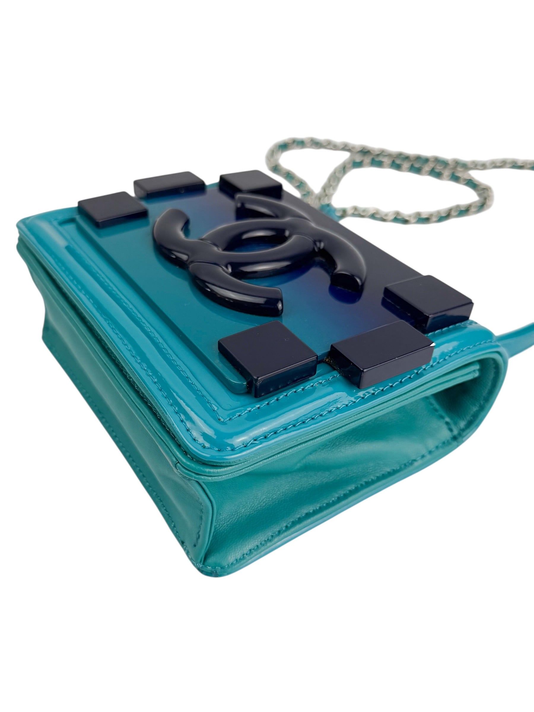 Chanel Turquoise Plexiglass and Patent Lego Boy Brick Flap