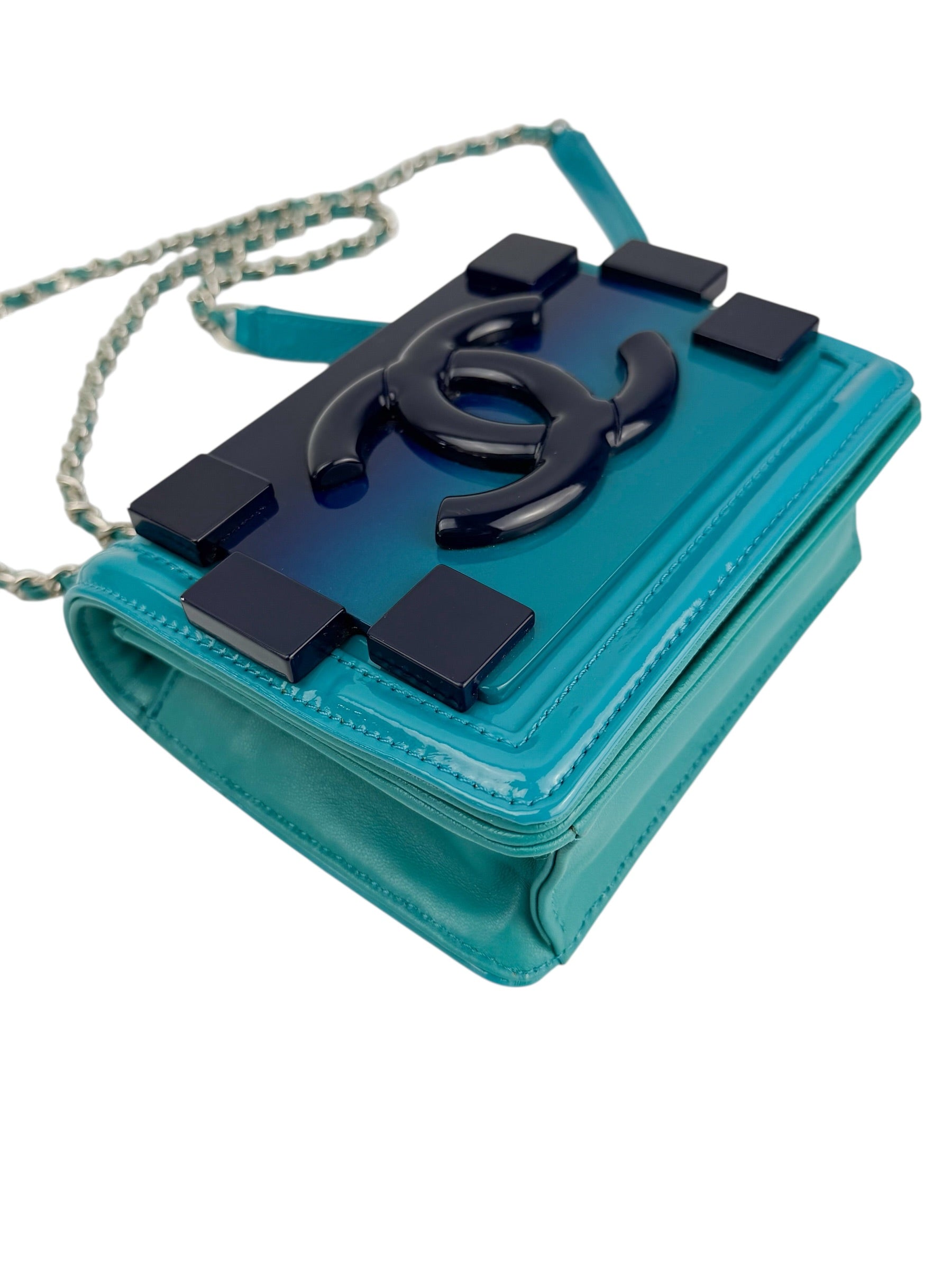 Chanel Turquoise Plexiglass and Patent Lego Boy Brick Flap