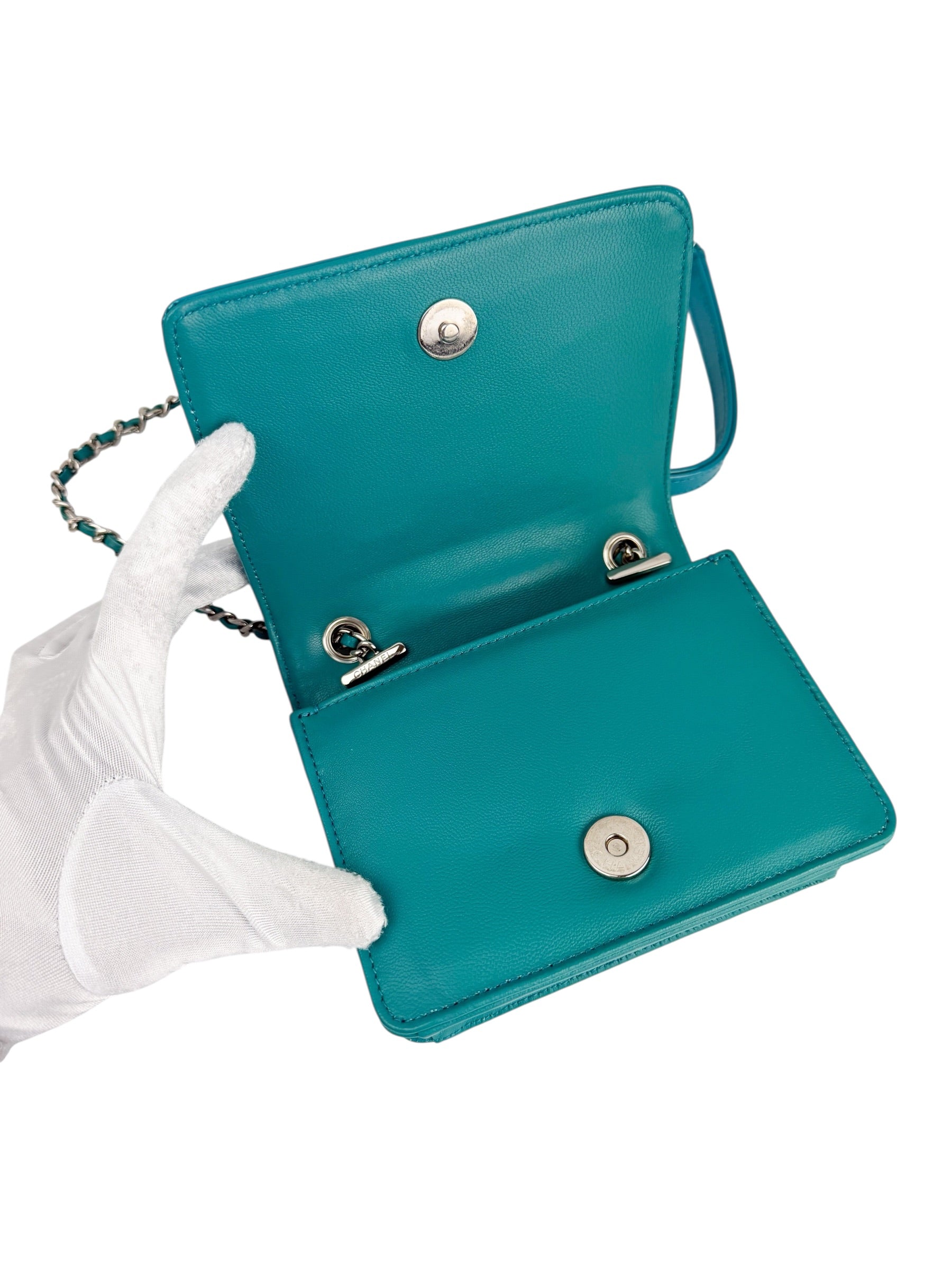 Chanel Turquoise Plexiglass and Patent Lego Boy Brick Flap