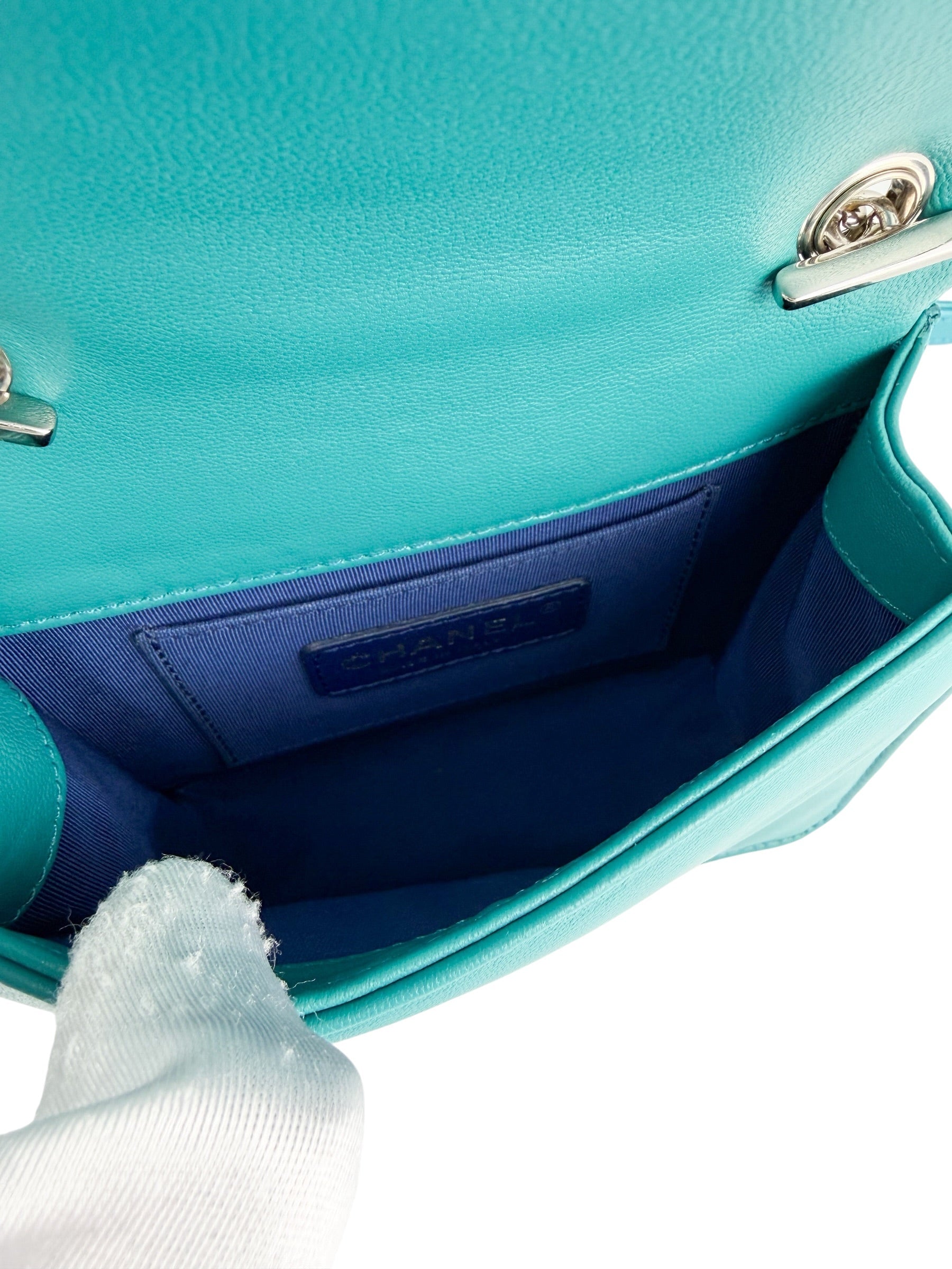 Chanel Turquoise Plexiglass and Patent Lego Boy Brick Flap