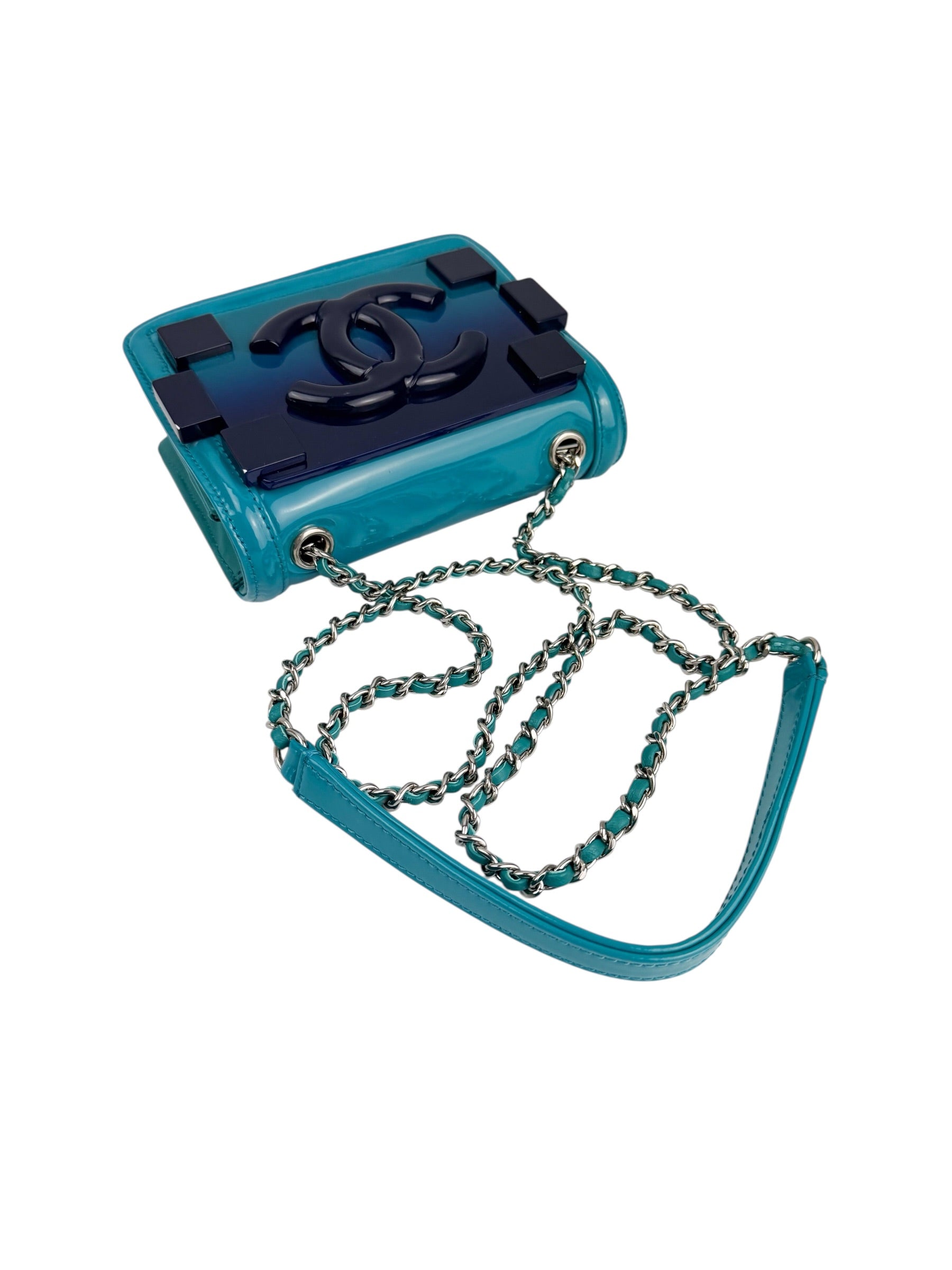 Chanel Turquoise Plexiglass and Patent Lego Boy Brick Flap