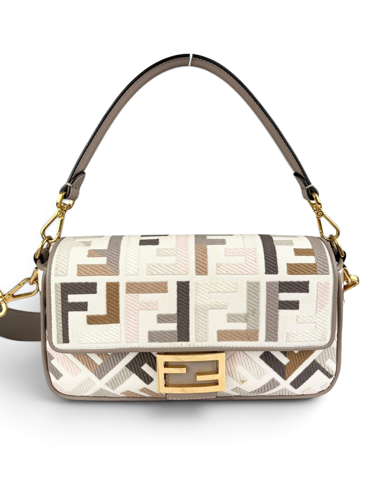 Fendi Tortora Multicolor FF Embroidered Baguette Two Way