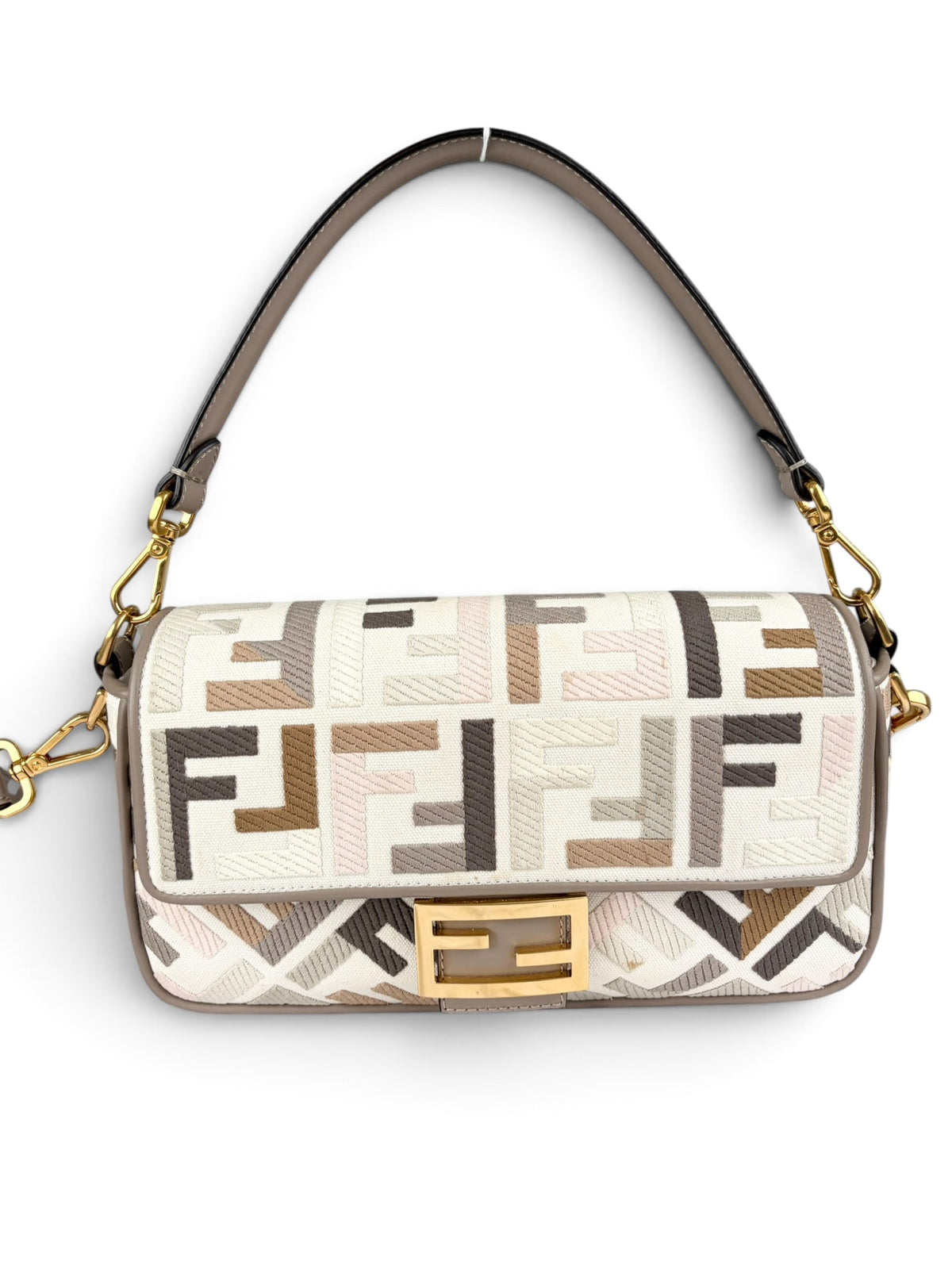 Fendi Tortora Multicolor FF Embroidered Baguette Two Way