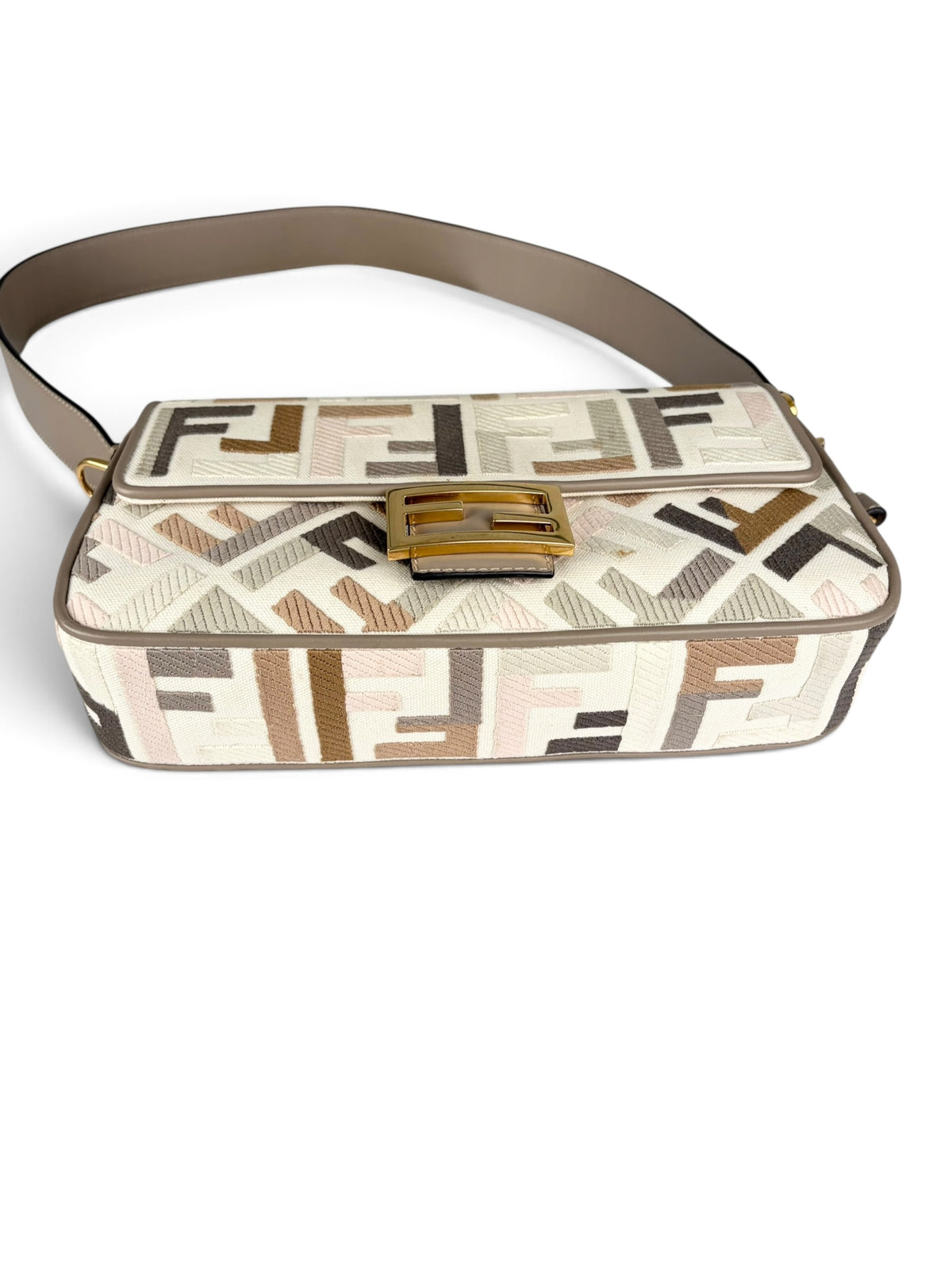 Fendi Tortora Multicolor FF Embroidered Baguette Two Way