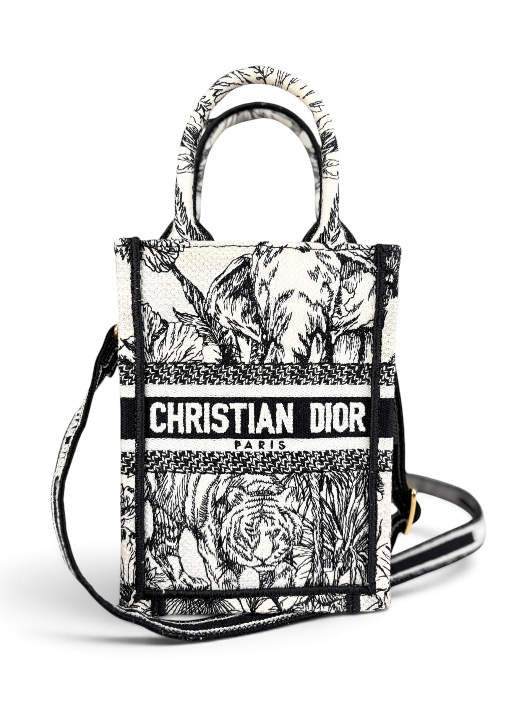 Christian Dior Black & White Embroidered Toile de Jouy Mini Book Tote