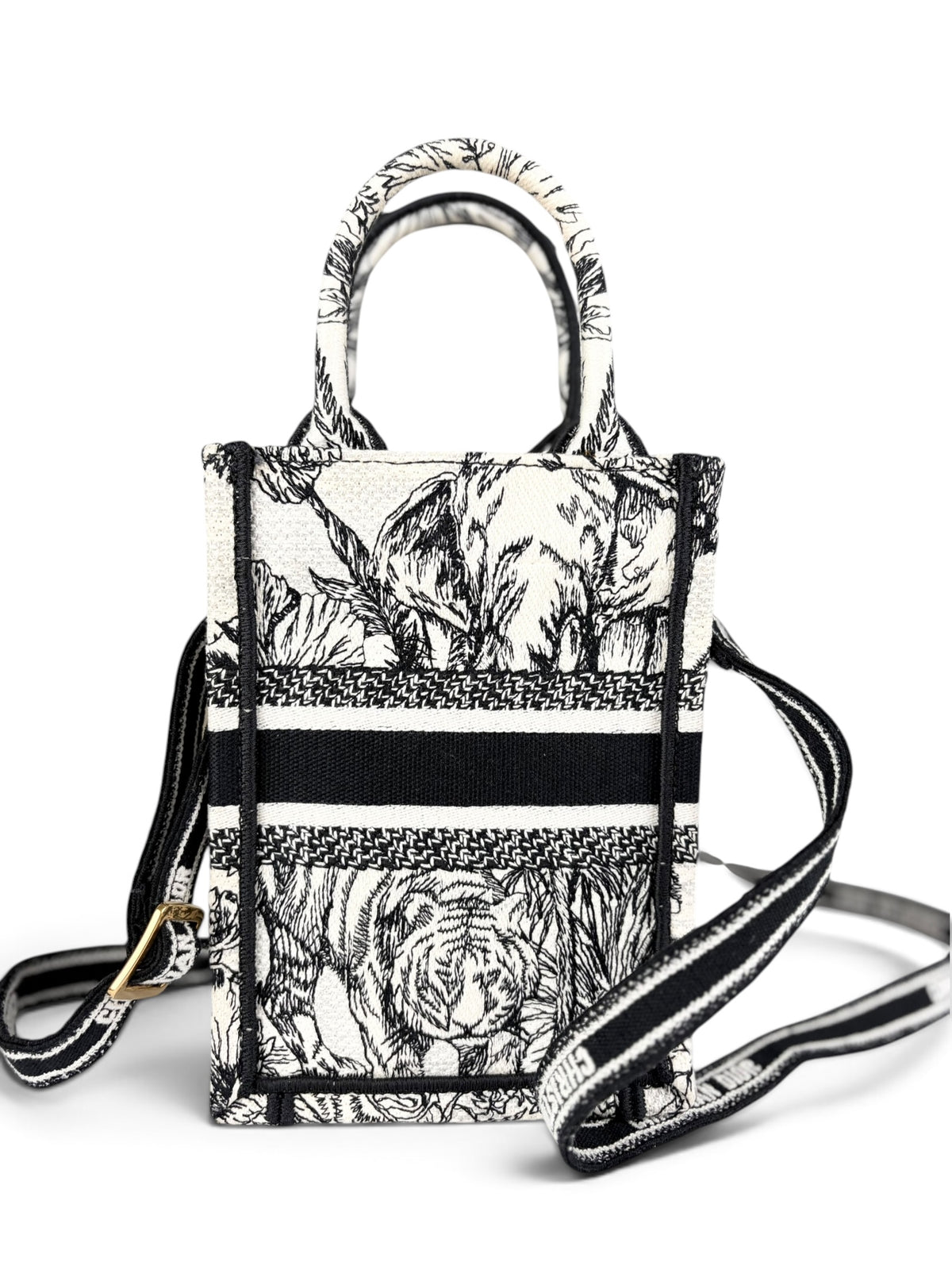 Christian Dior Black & White Embroidered Toile de Jouy Mini Book Tote