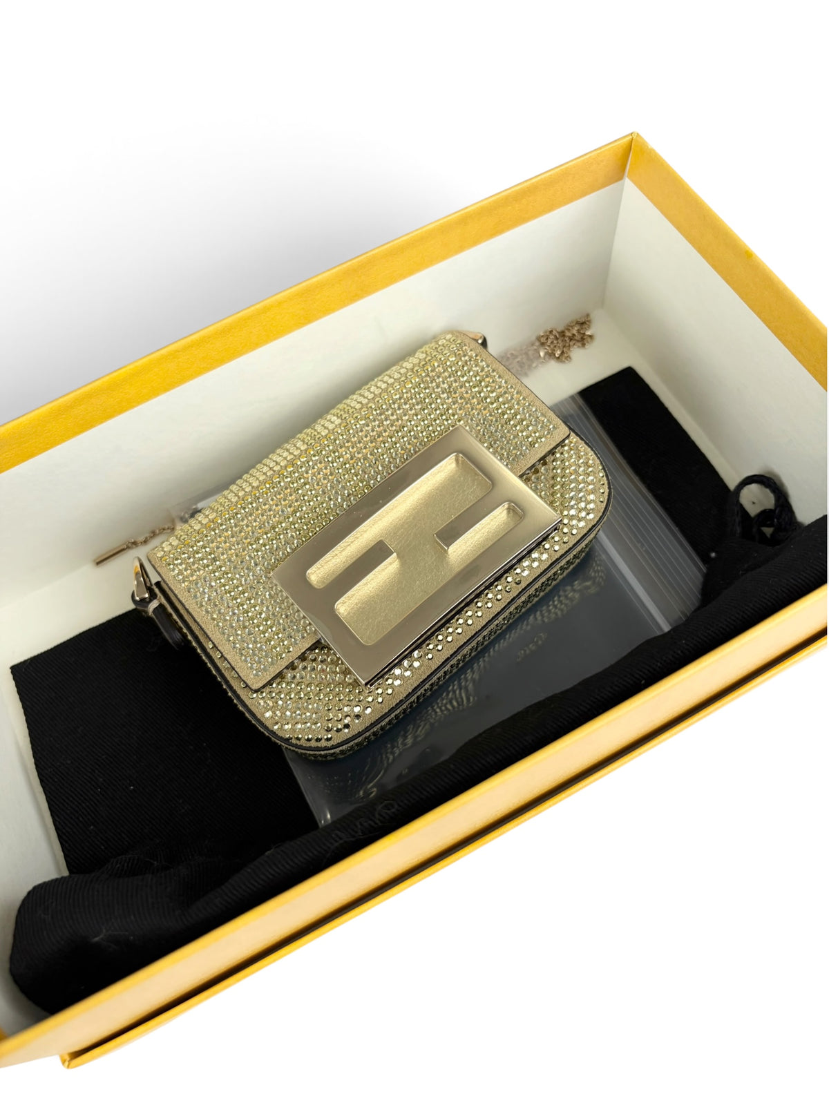 Fendi Gold Crystal FF Nano Baguette Charm Crossbody