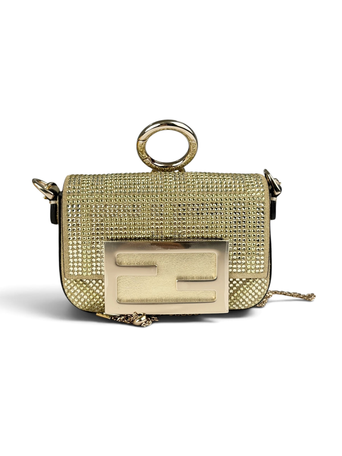 Fendi Gold Crystal FF Nano Baguette Charm Crossbody