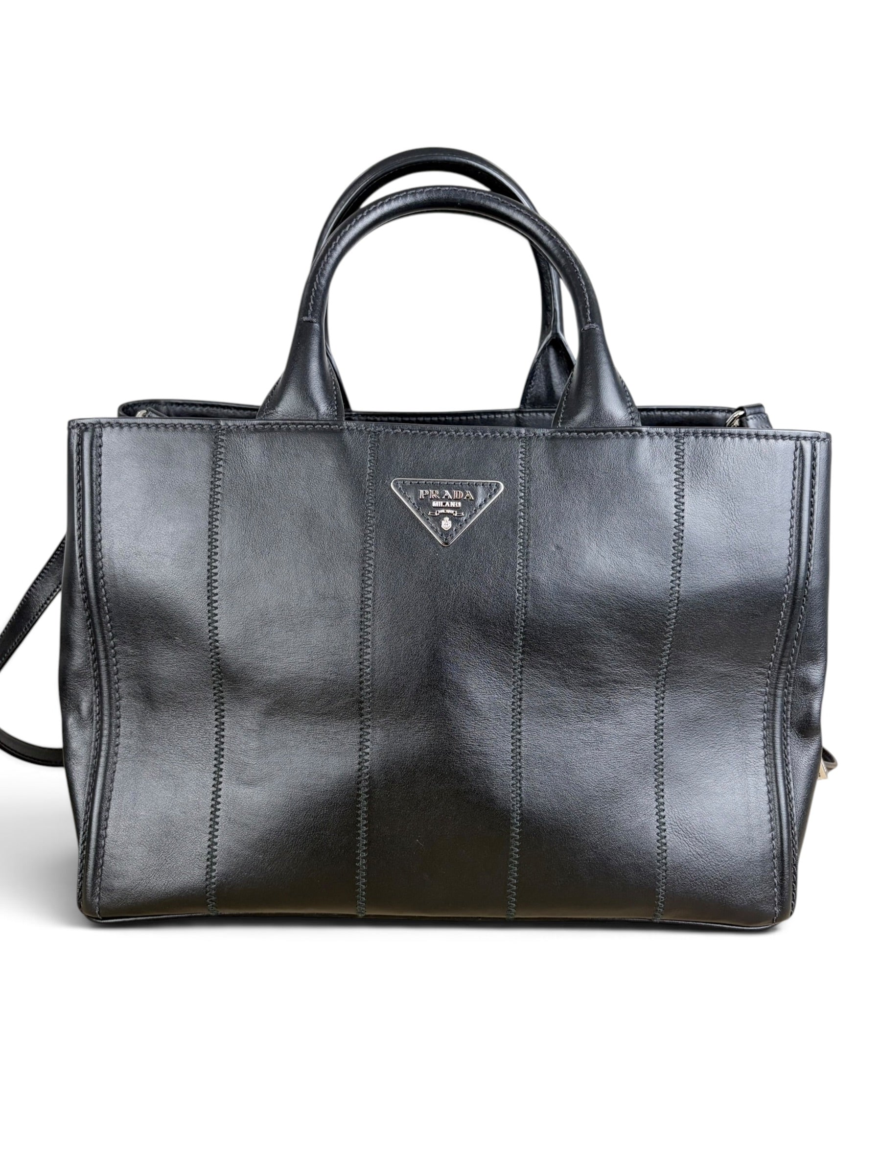 Prada Black Vertical Stitch Soft Calfskin Canapa Tote