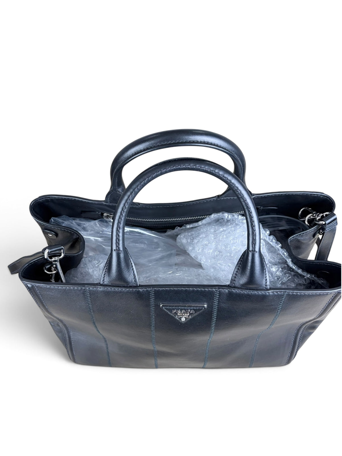 Prada Black Vertical Stitch Soft Calfskin Canapa Tote