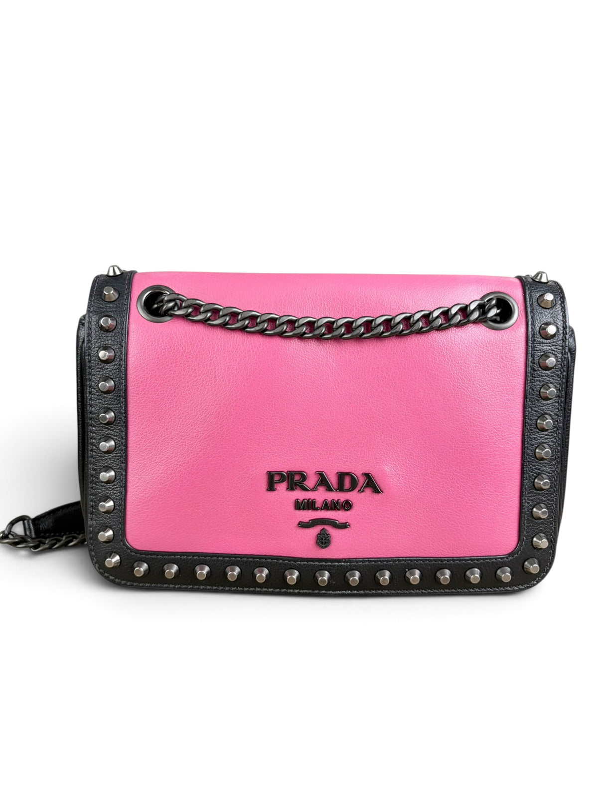 Prada Black Pink Leather Studded Chain Flap Bag