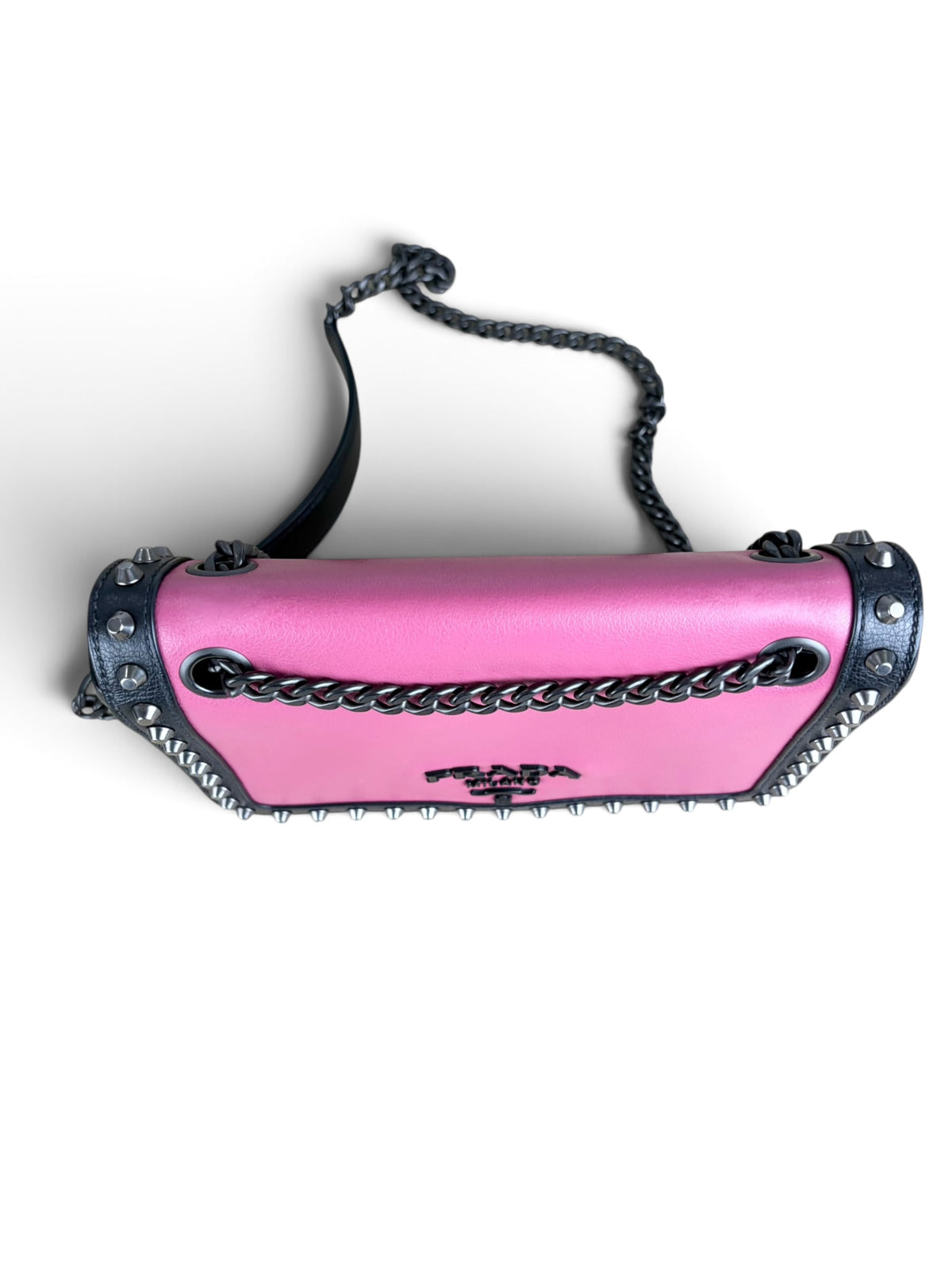 Prada Black Pink Leather Studded Chain Flap Bag