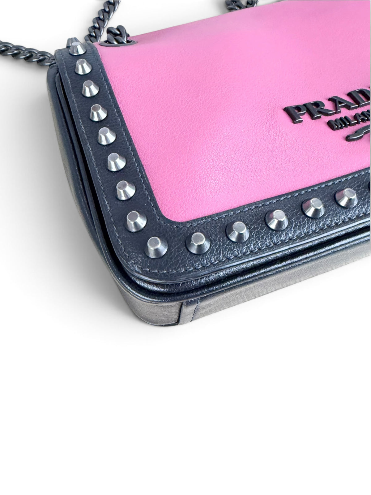 Prada Black Pink Leather Studded Chain Flap Bag