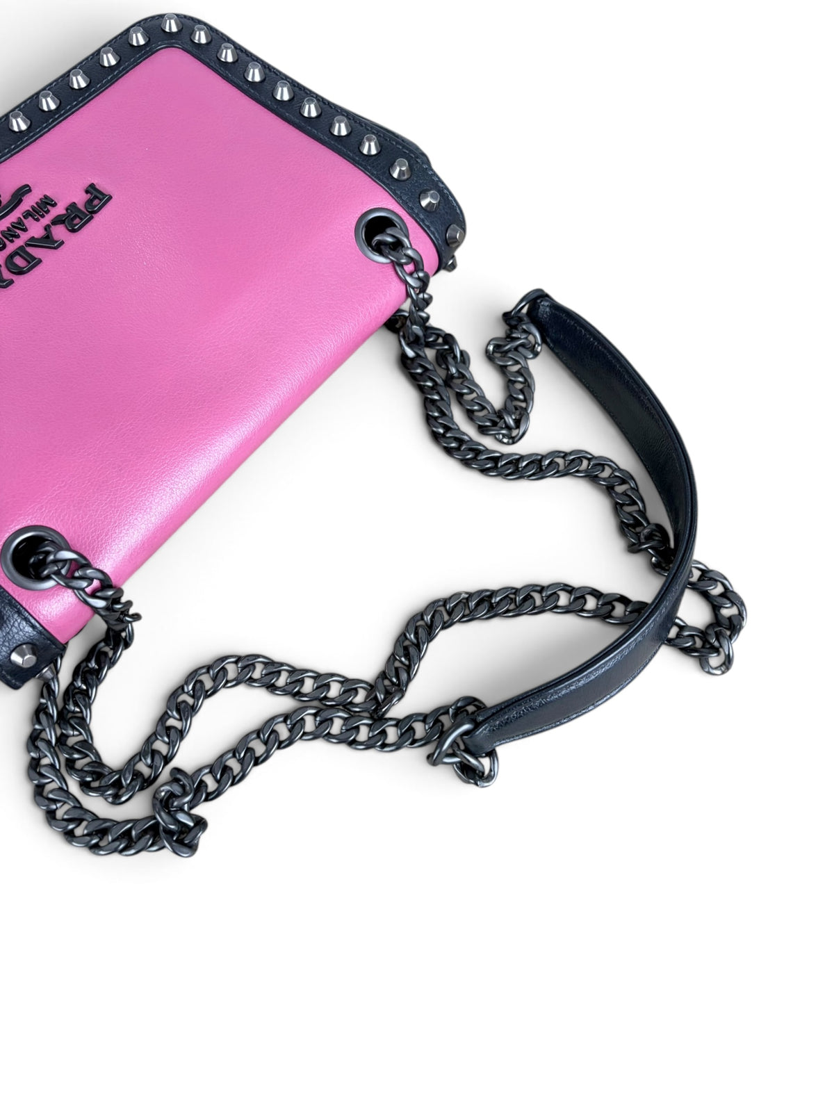 Prada Black Pink Leather Studded Chain Flap Bag