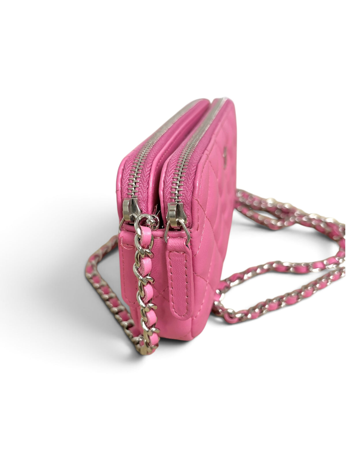 Chanel Pink Lambskin Double Zip Clutch On Chain