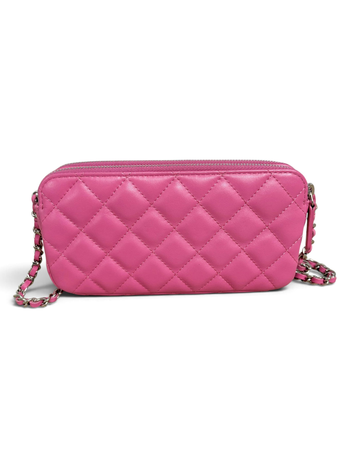 Chanel Pink Lambskin Double Zip Clutch On Chain
