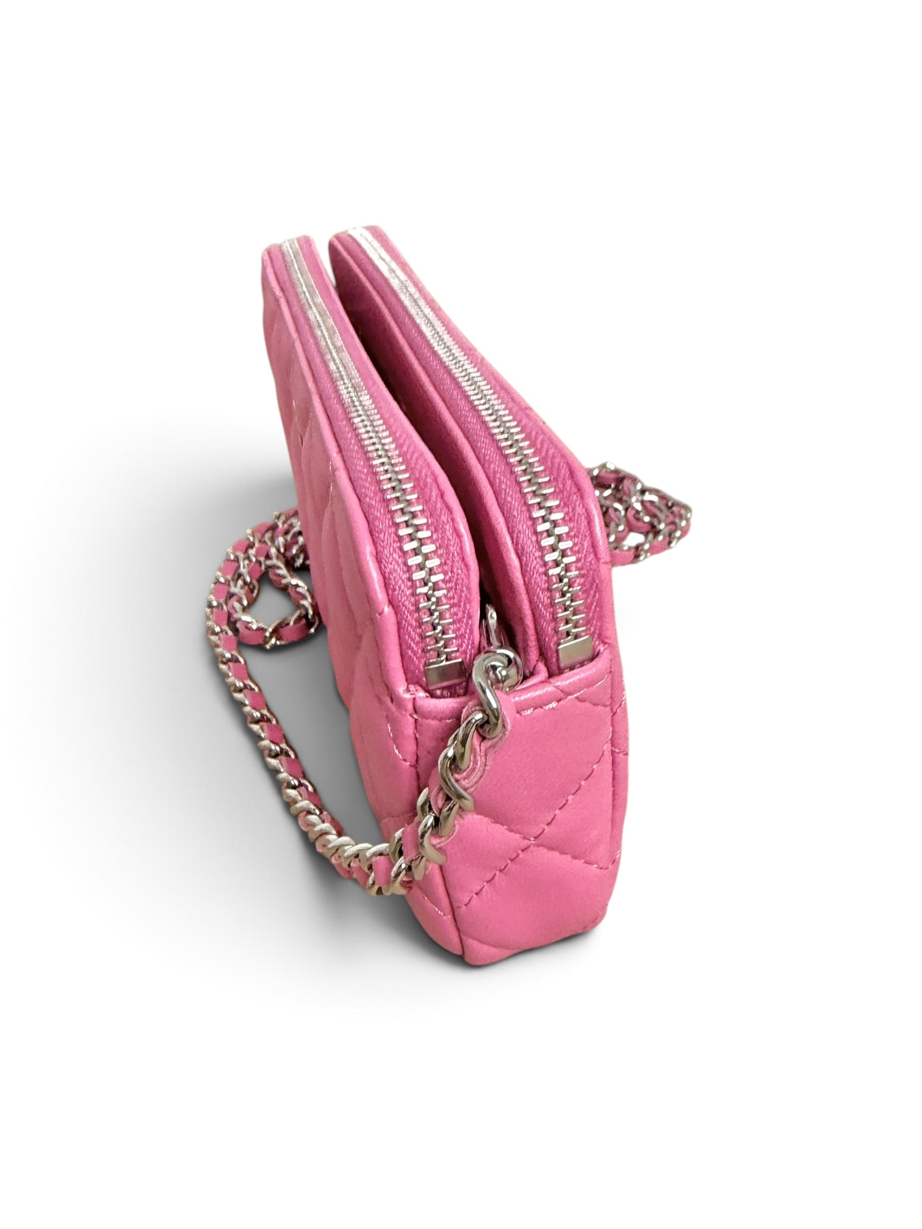 Chanel Pink Lambskin Double Zip Clutch On Chain