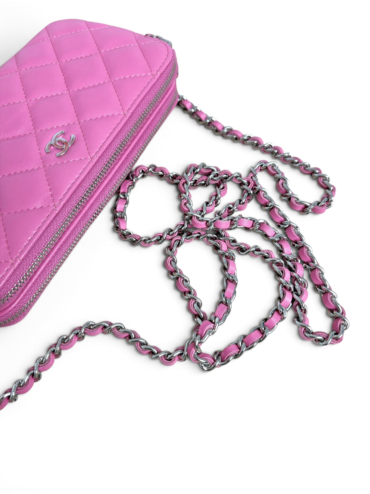 Chanel Pink Lambskin Double Zip Clutch On Chain