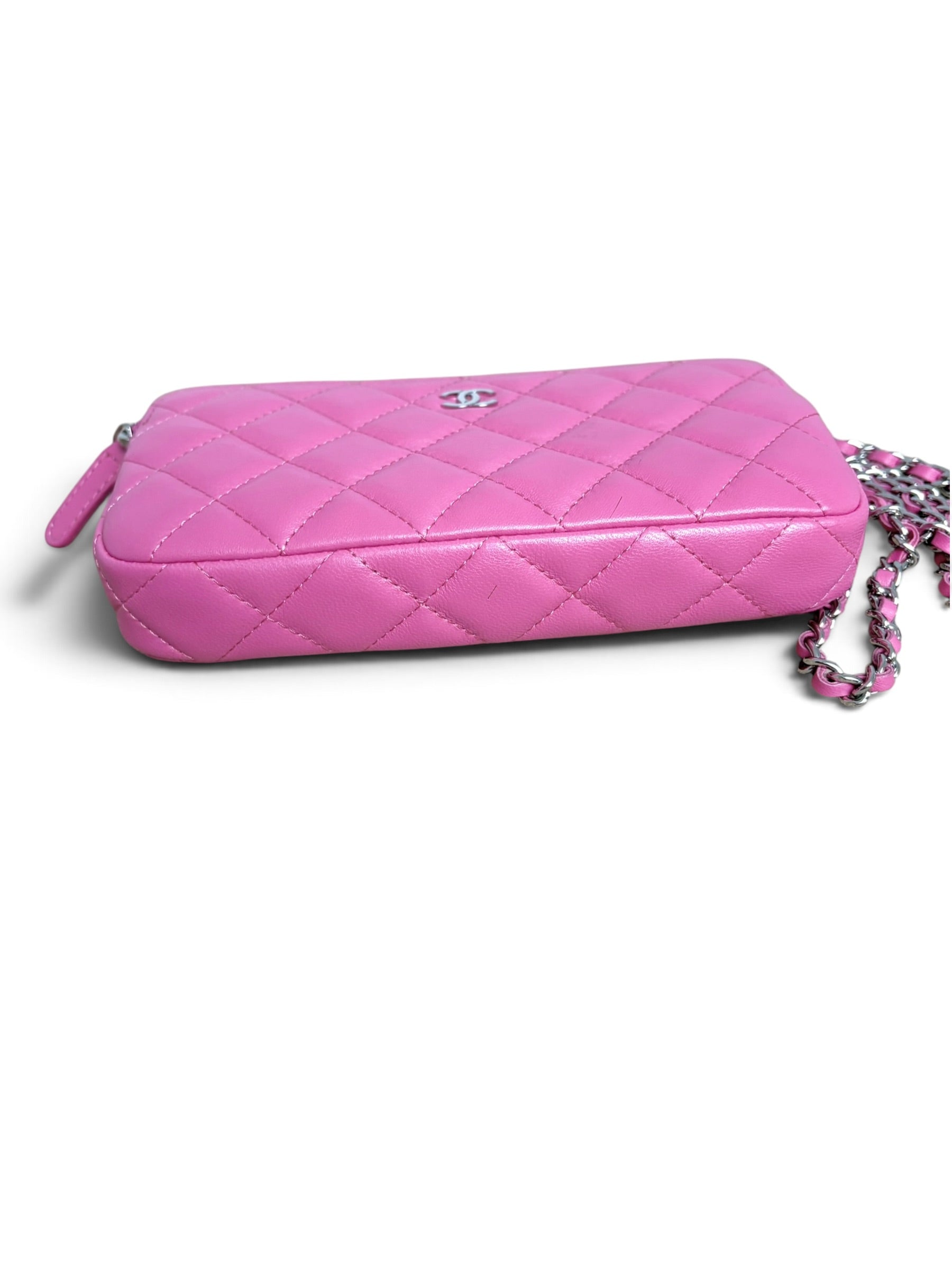 Chanel Pink Lambskin Double Zip Clutch On Chain