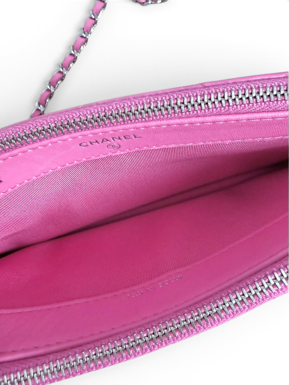 Chanel Pink Lambskin Double Zip Clutch On Chain