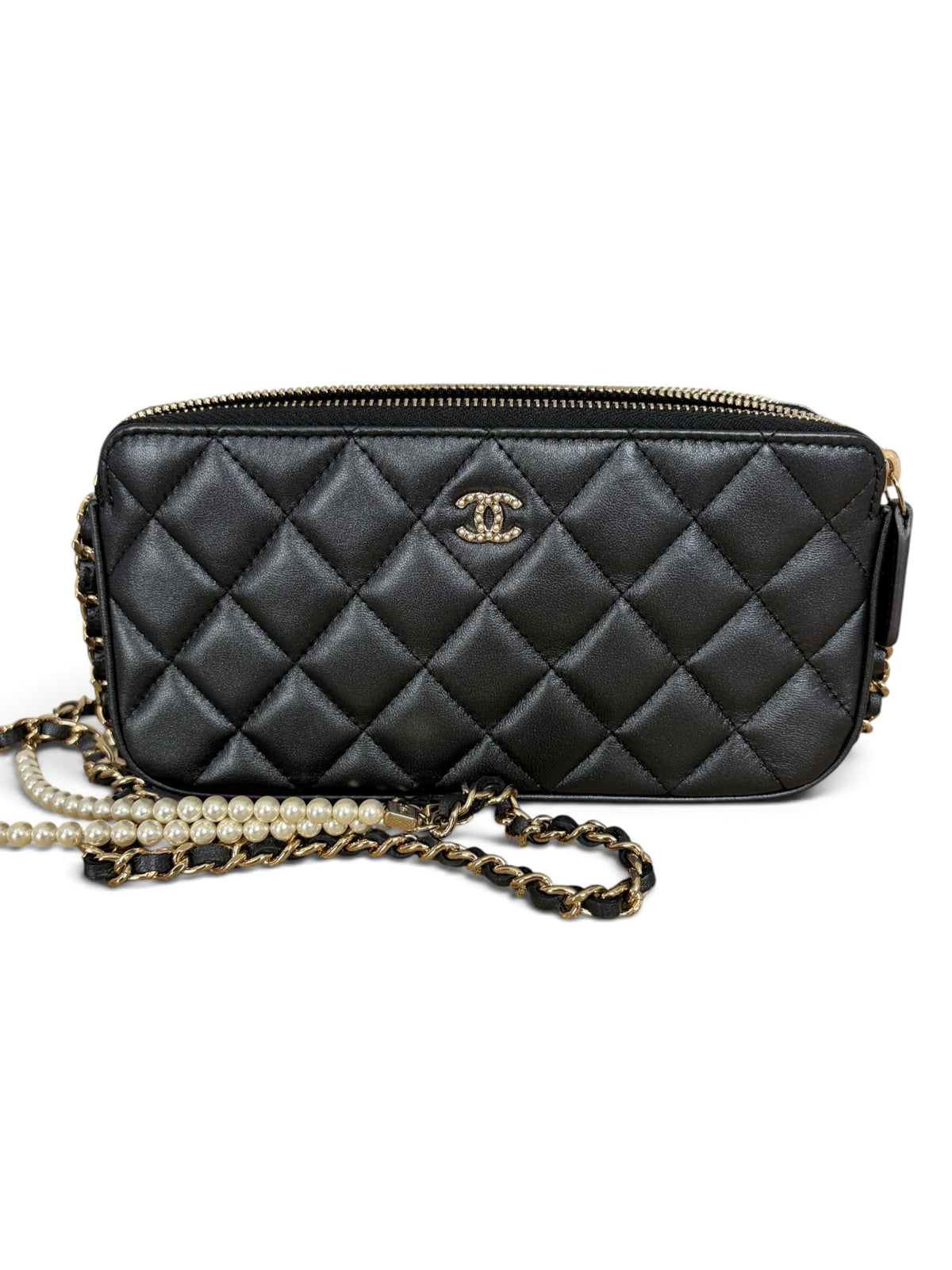 Chanel Shimmer Lambskin Double Zip Phone Holder On Chain