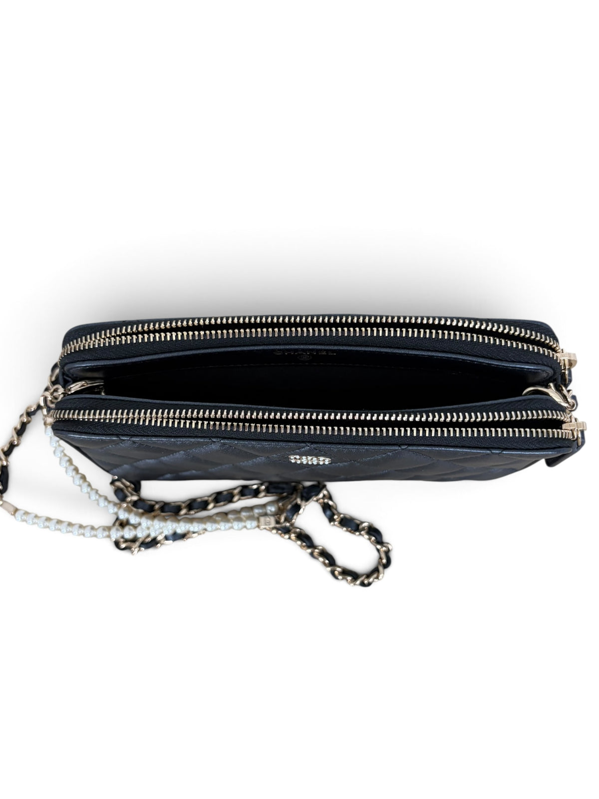 Chanel Shimmer Lambskin Double Zip Phone Holder On Chain