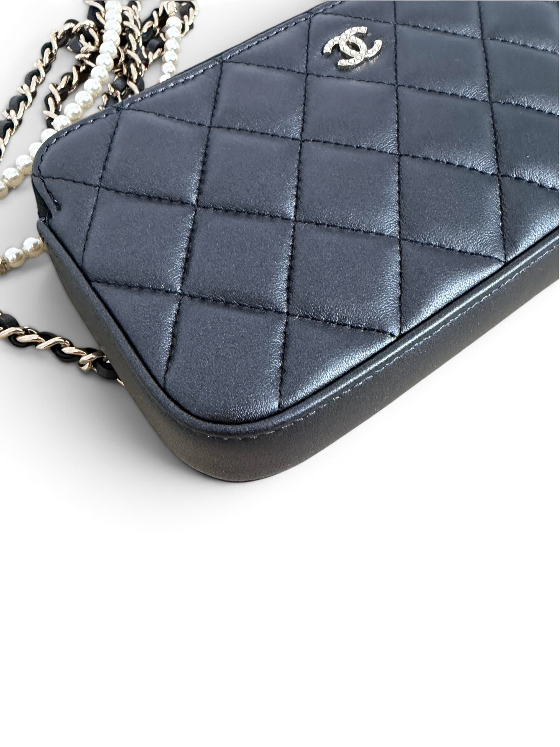 Chanel Shimmer Lambskin Double Zip Phone Holder On Chain