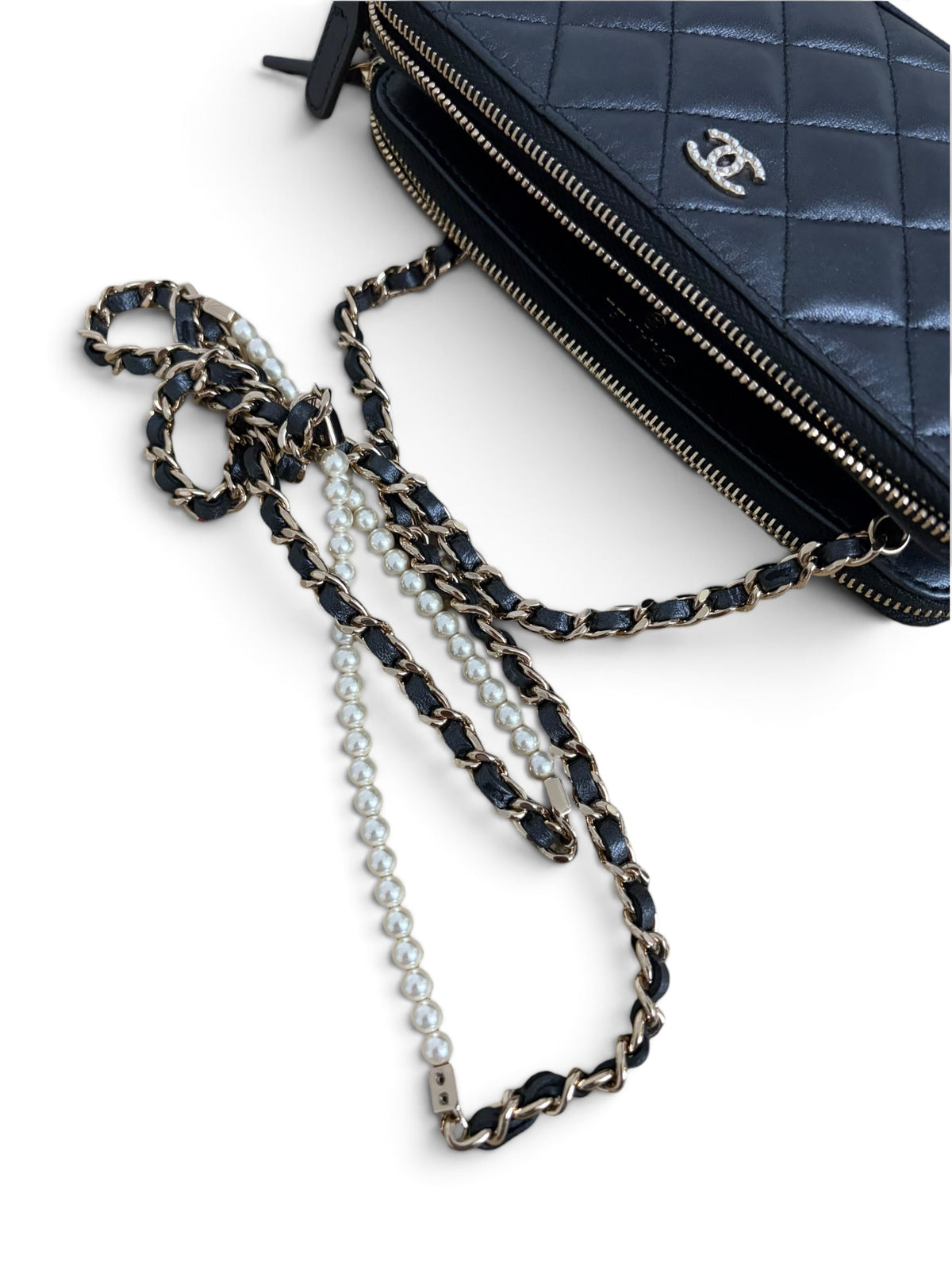 Chanel Shimmer Lambskin Double Zip Phone Holder On Chain