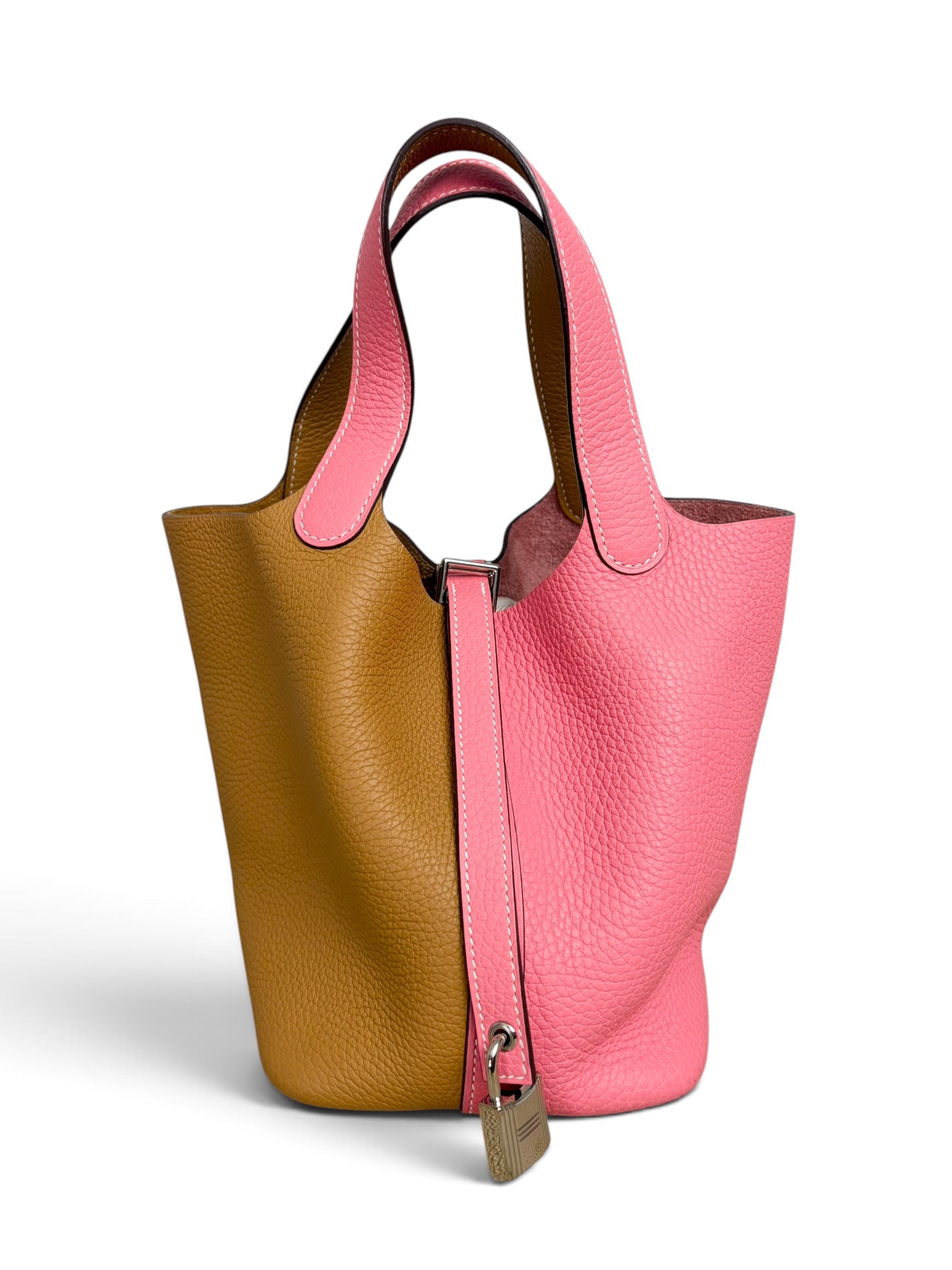 Hermes Rose Azalee Sesame Clemence Casaque Picotin Lock 18
