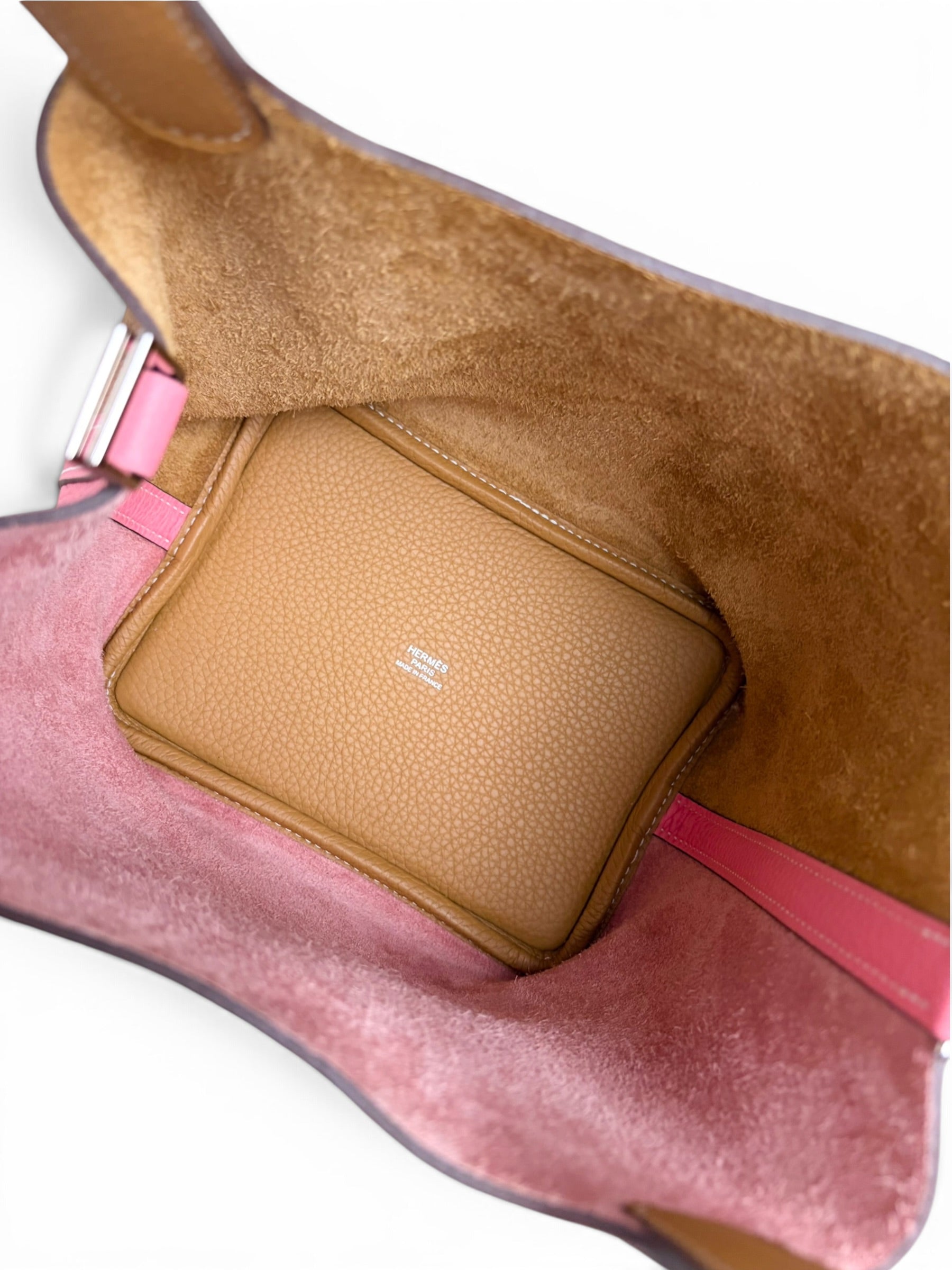 Hermes Rose Azalee Sesame Clemence Casaque Picotin Lock 18