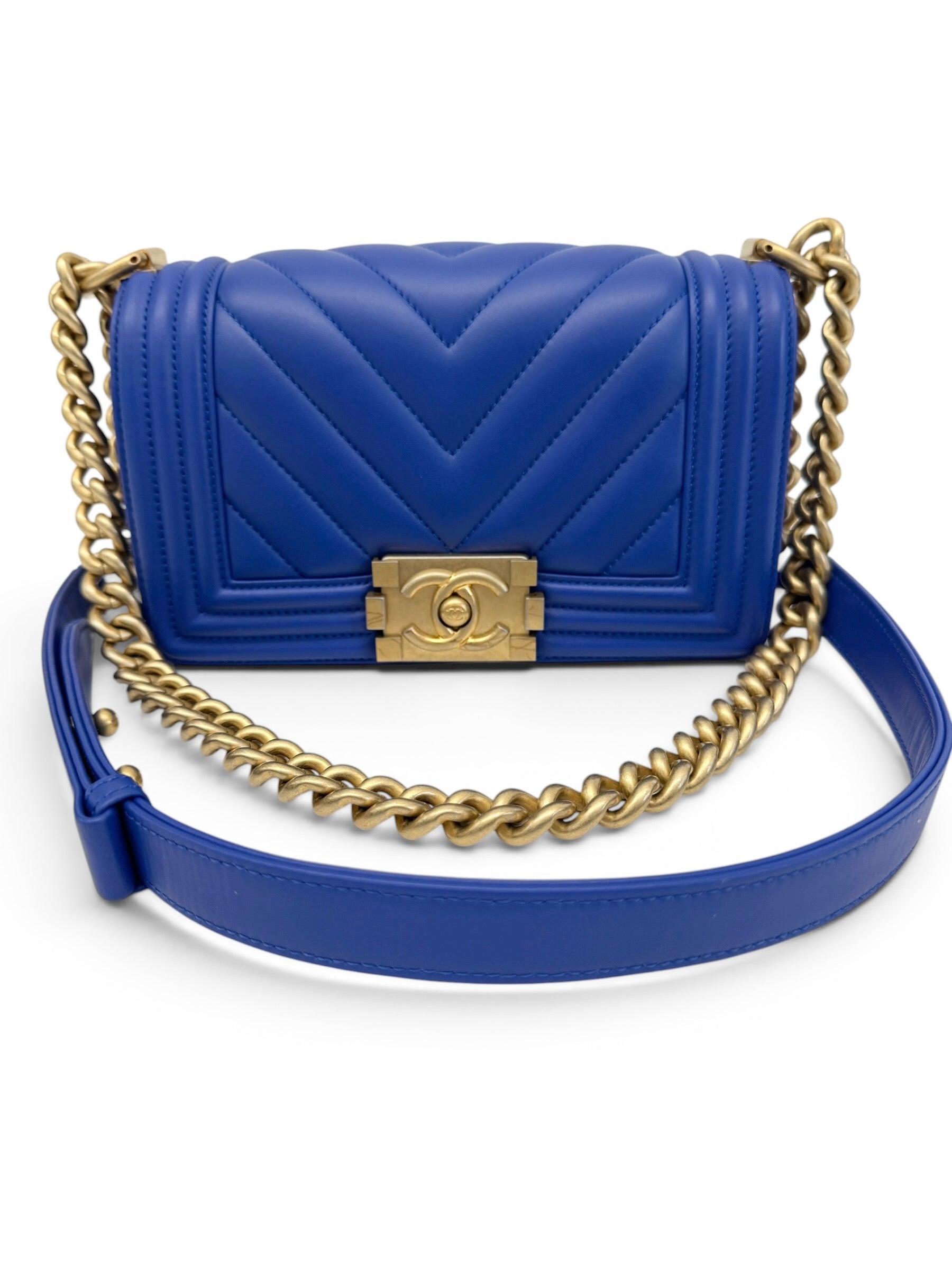 Chanel Blue Lambskin Chevron Small Boy Bag
