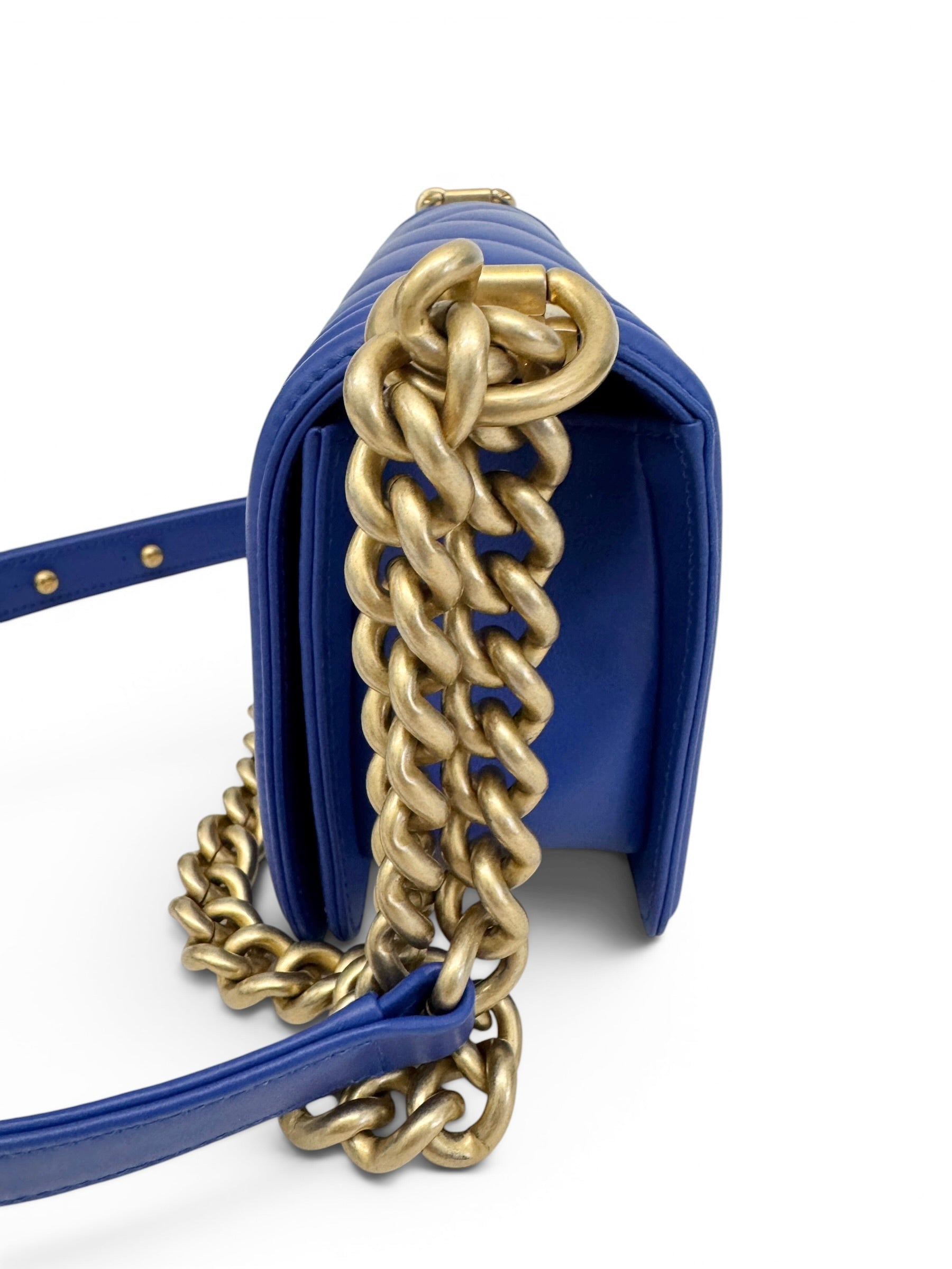 Chanel Blue Lambskin Chevron Small Boy Bag