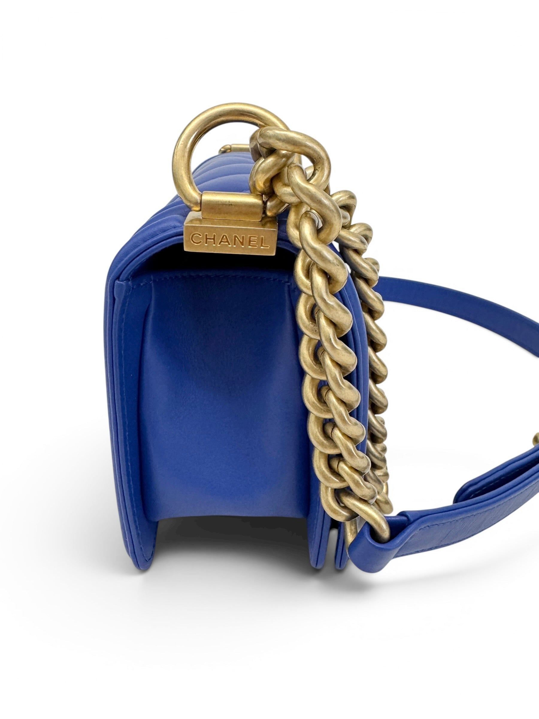 Chanel Blue Lambskin Chevron Small Boy Bag