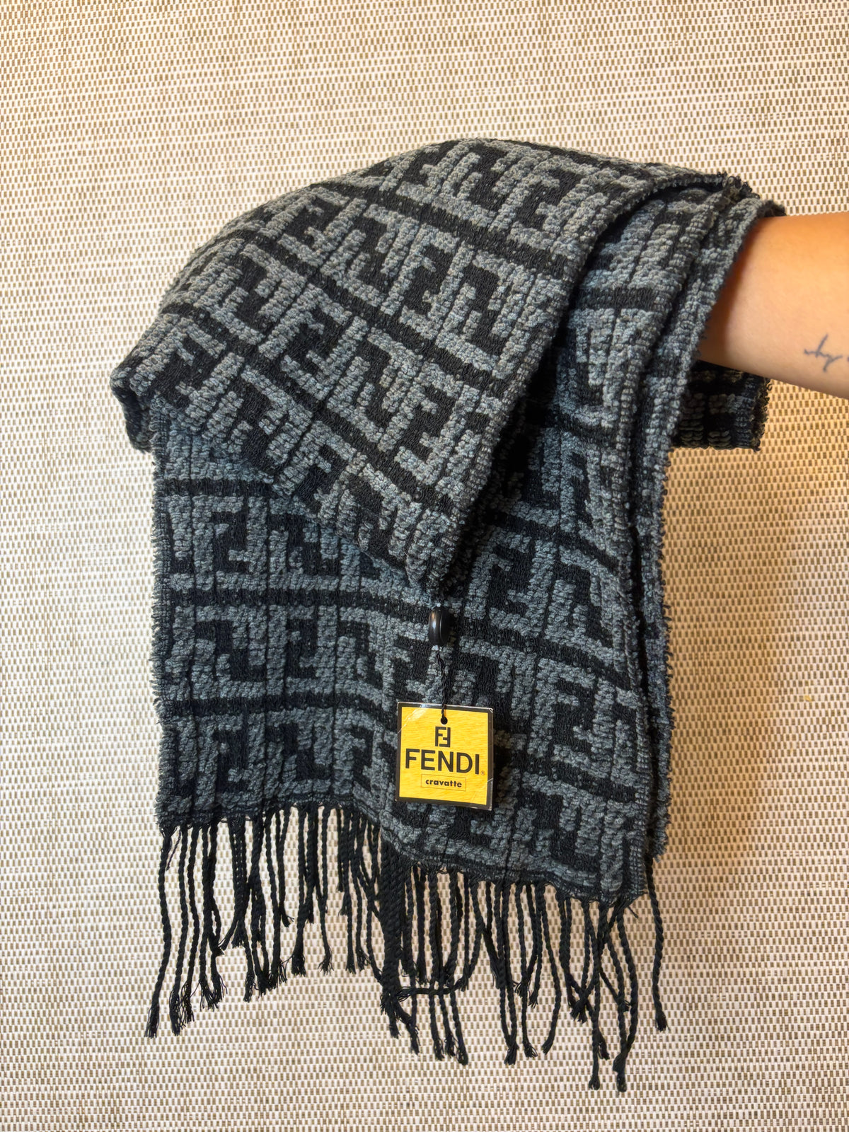 Fendi Black & Gray Zucca Knit Fringe Scarf