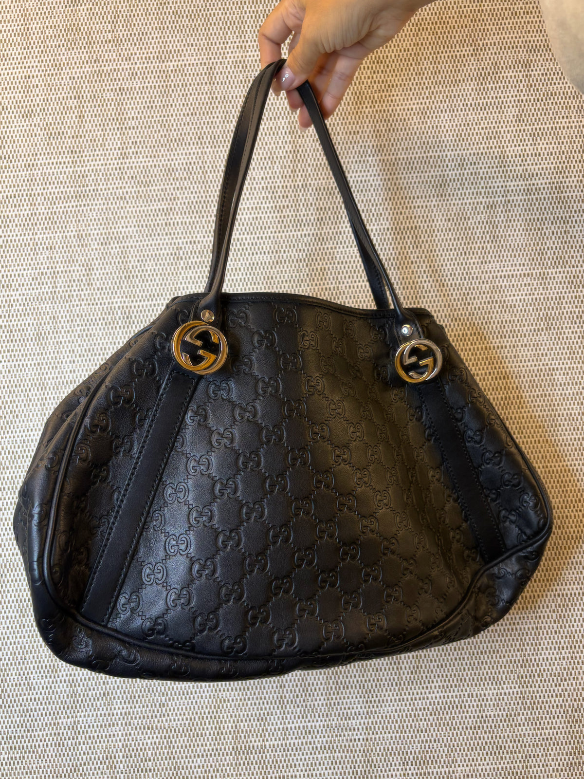 Gucci Black Monogram Leather Embossed Hobo