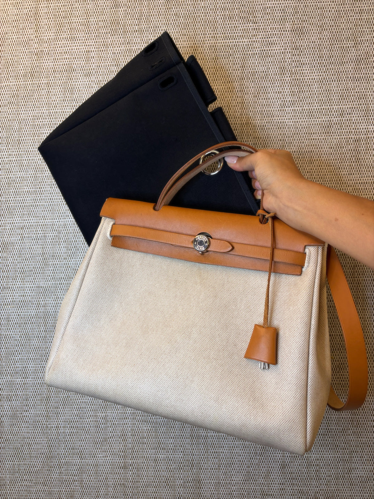 Hermes Coated Canvas Herbag W/ Black Canvas Bag