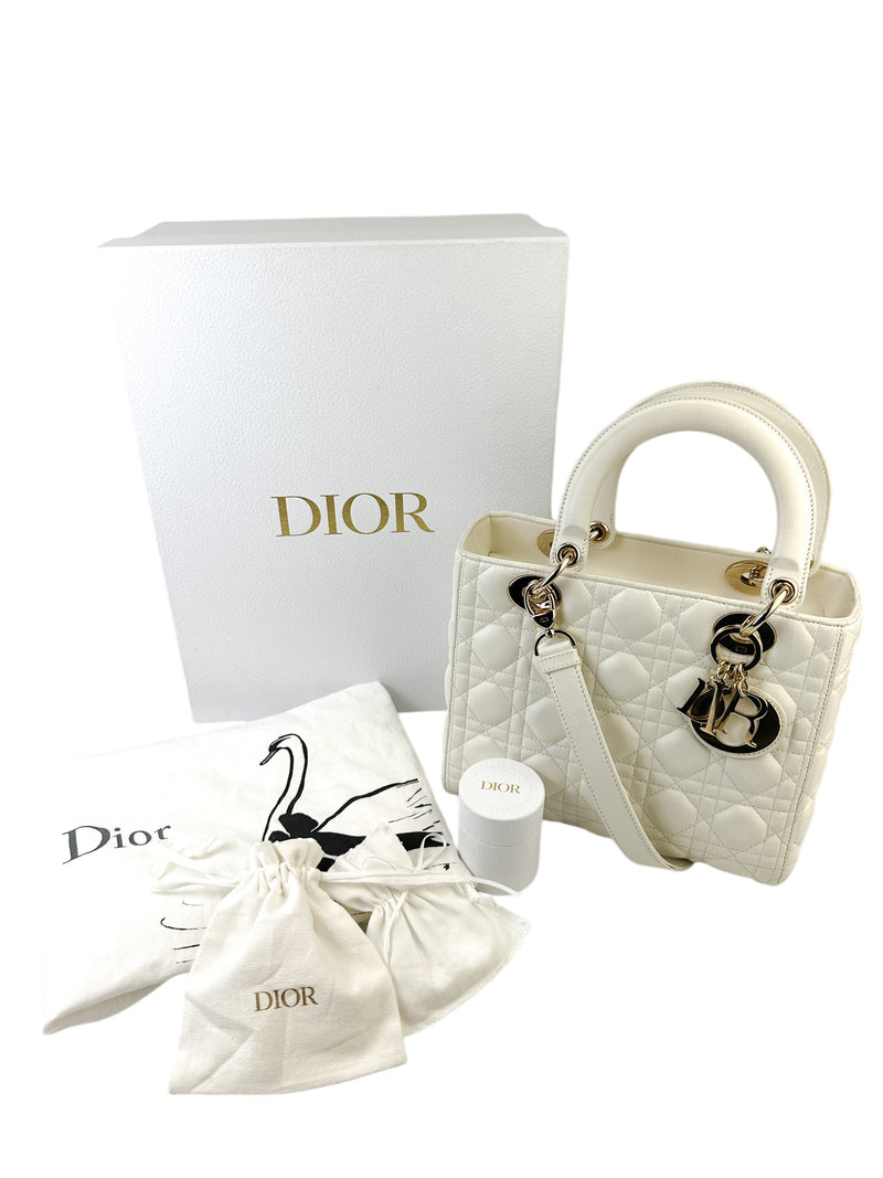 Christian Dior White Medium Cannage Leather Lady Dior (Full Set)