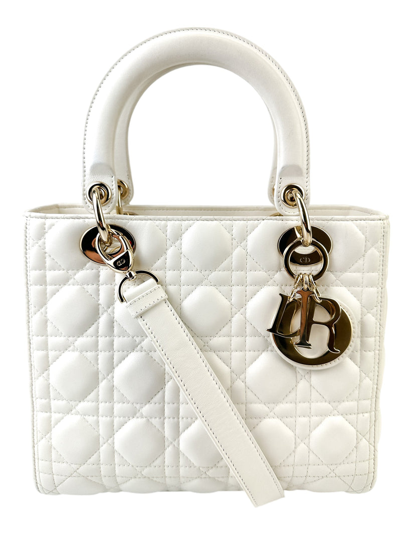 Christian Dior White Medium Cannage Leather Lady Dior (Full Set)