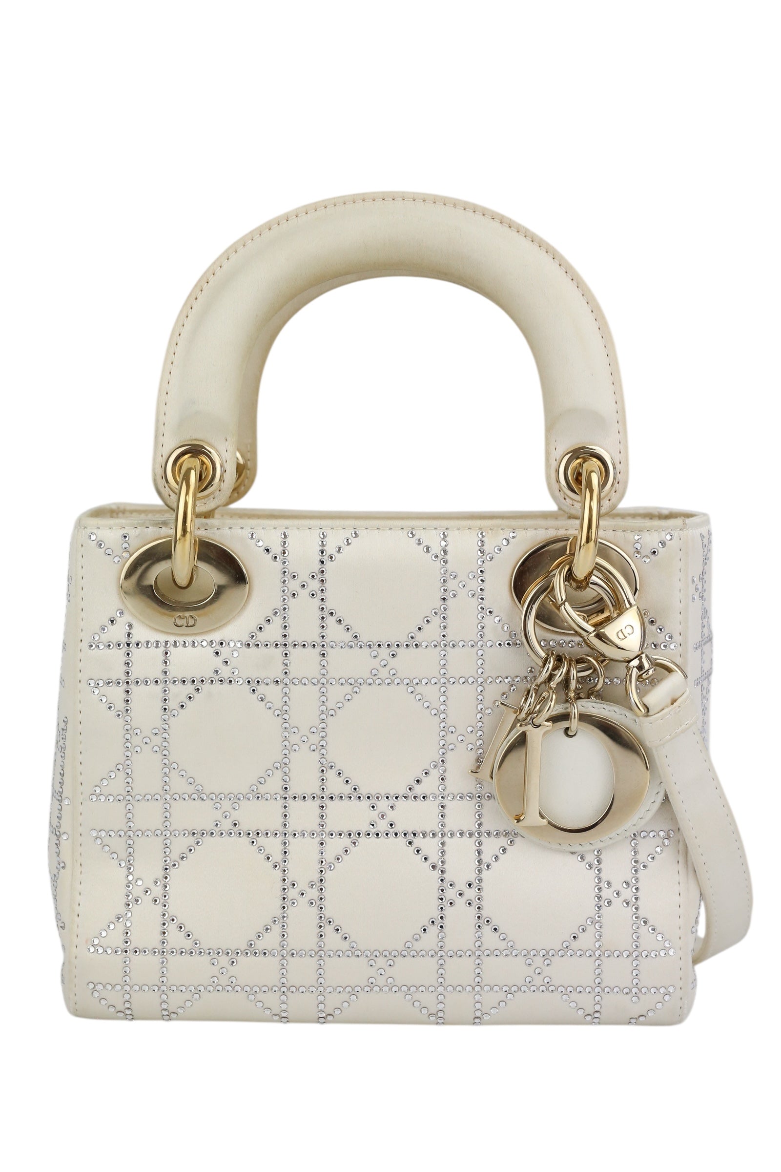 Dior Off White Satin Rhinestone Lady Dior Mini