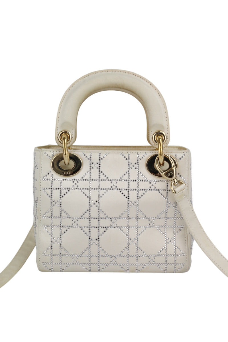 Dior Off White Satin Rhinestone Lady Dior Mini