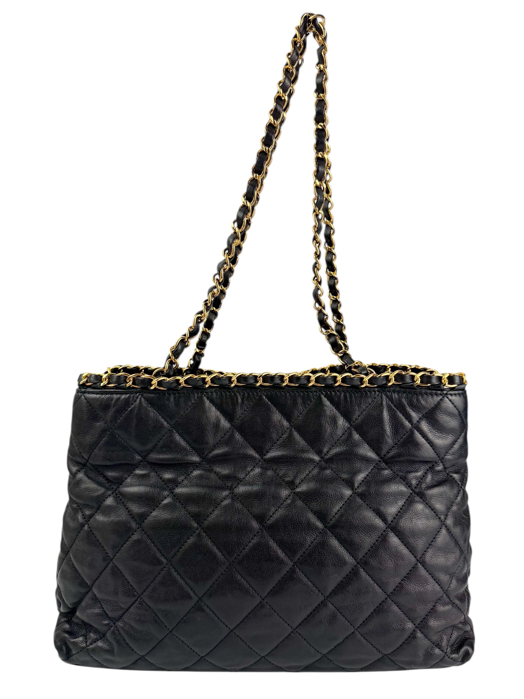 Chanel Black Calfskin Quilted Chain Me Tote
