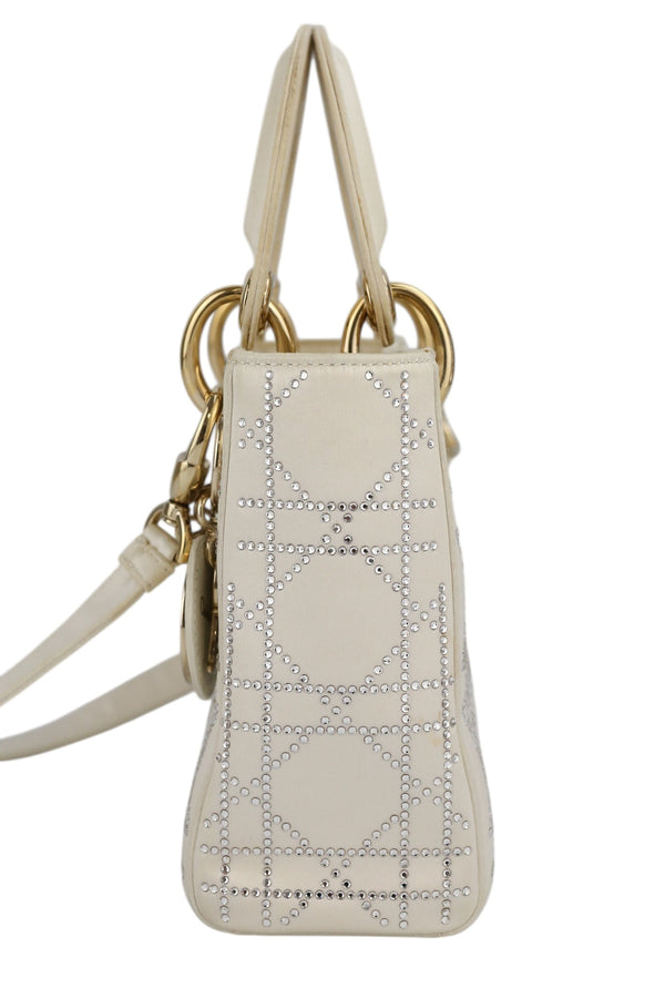 Dior Off White Satin Rhinestone Lady Dior Mini