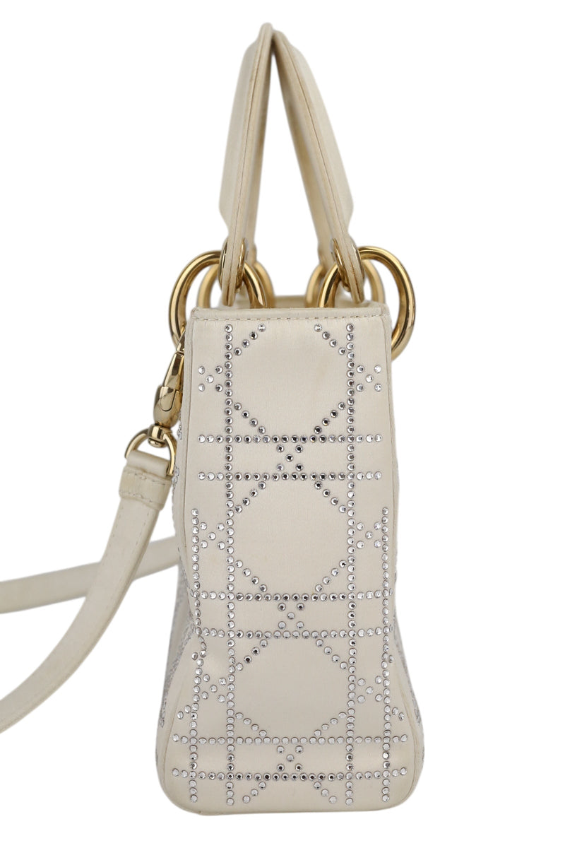 Dior Off White Satin Rhinestone Lady Dior Mini