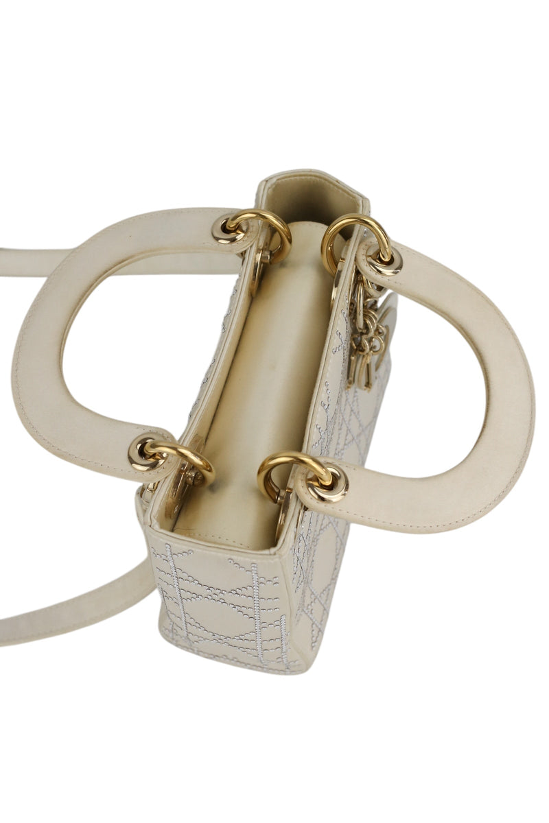Dior Off White Satin Rhinestone Lady Dior Mini
